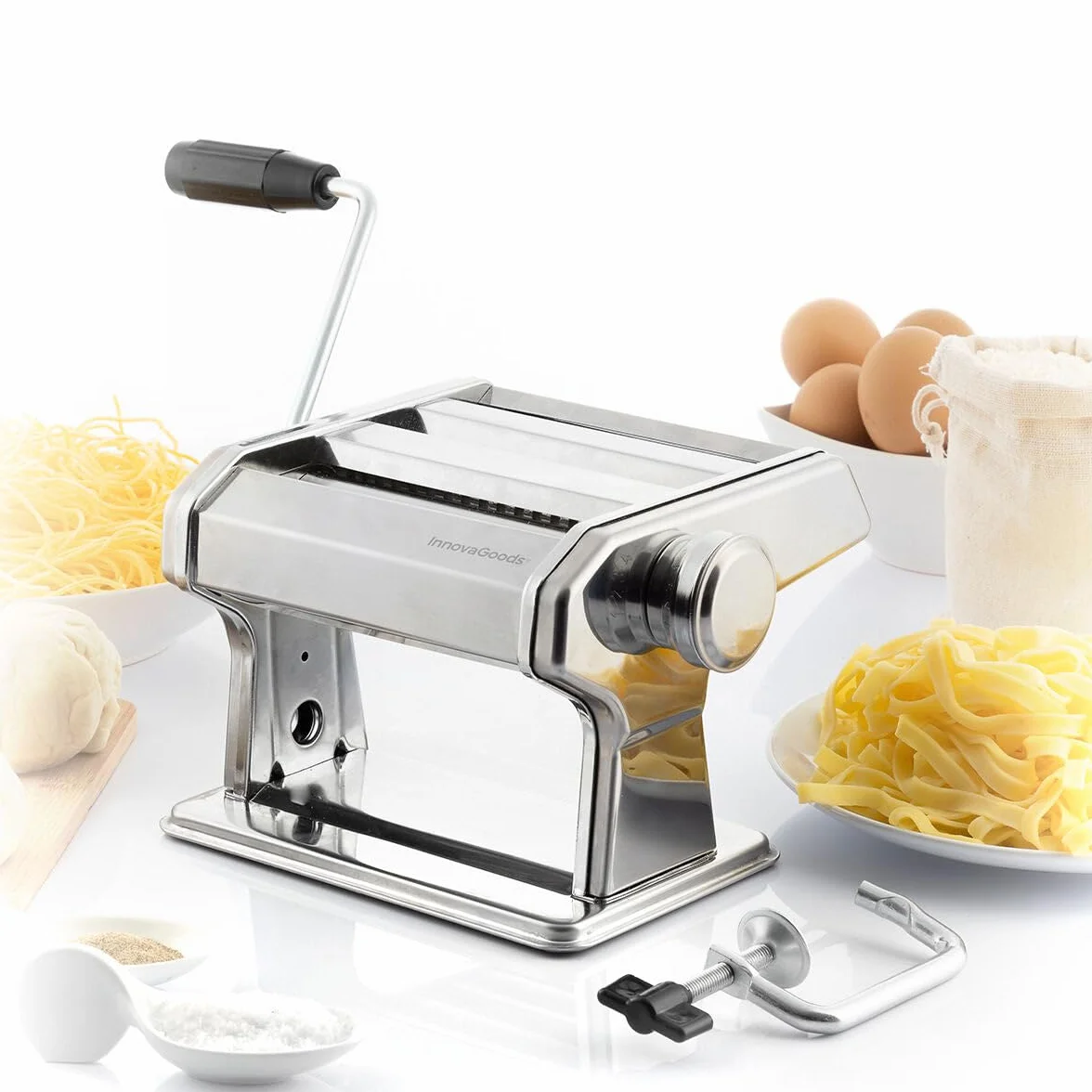 InnovaGoods Macchina per Pasta Fresca Manuale 3 in 1, Metallo, Grigio, 8 Livelli Regolabile