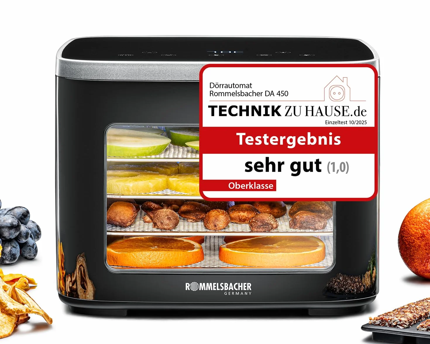 ROMMELSBACHER Essiccatore DA 450, superficie di essiccazione 0,2 m², con 5 vassoi in acciaio inox, 1 griglia di essiccazione, 1 base di essiccazione, 2 stampi per cereali, display LCD, timer 99 ore