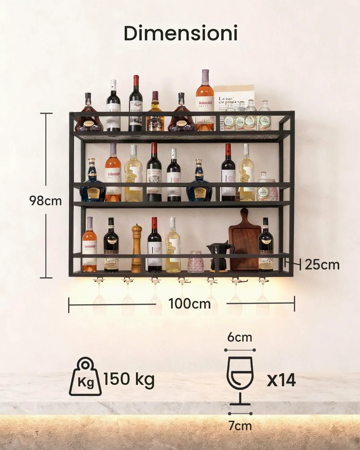 Portabottiglie da Parete con Portabicchieri a LED, Scaffale Moderno in Metallo 100 cm a 3 Livelli, Mensola Bar per Casa, Cucina e Locale Commerciale