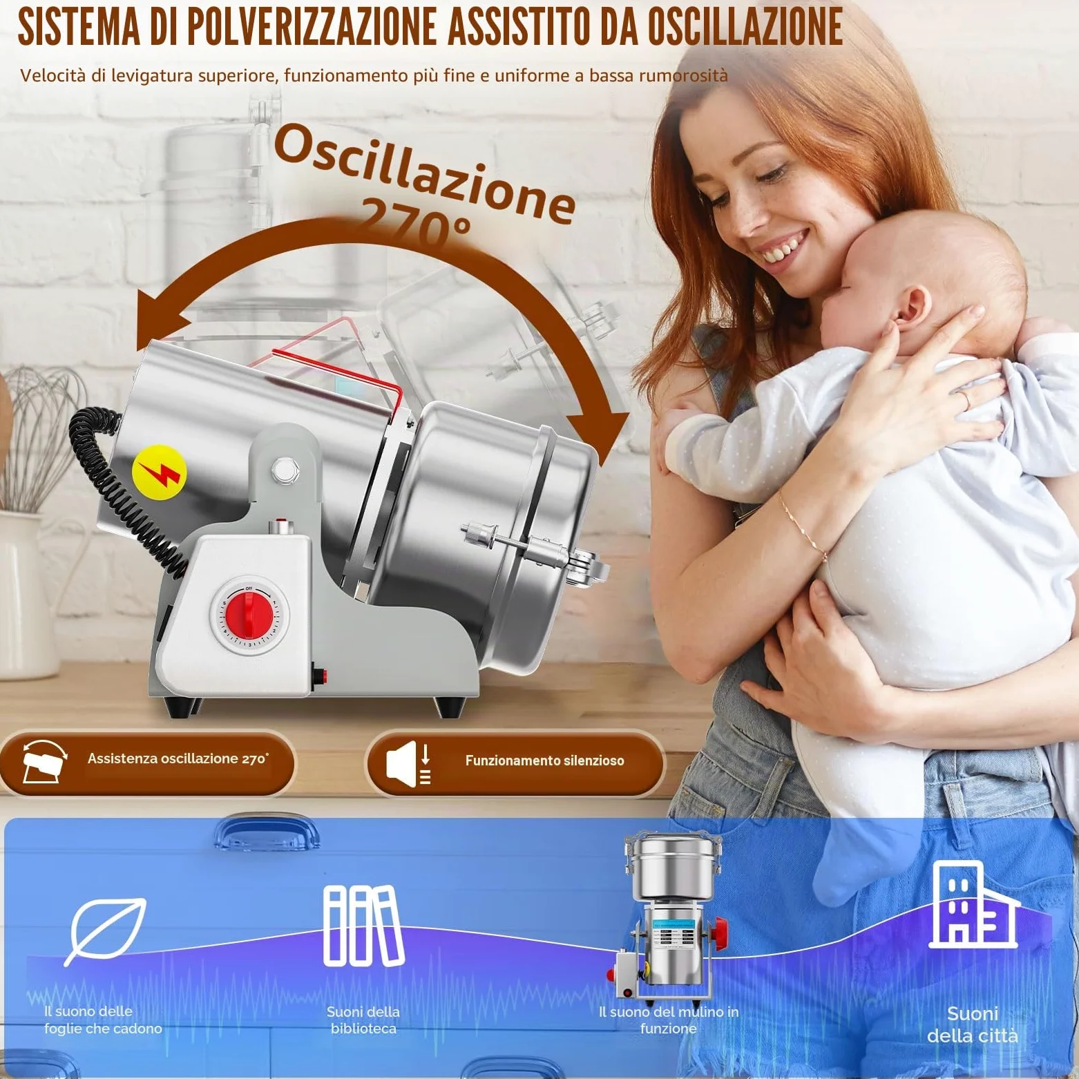 Mulino elettrico per grano da 1000 g, frantoio per grano 3000 W ad alta velocità, macchina per polvere commerciale con protezione da sovraccarico per cereali secchi, riso, chicchi di mais
