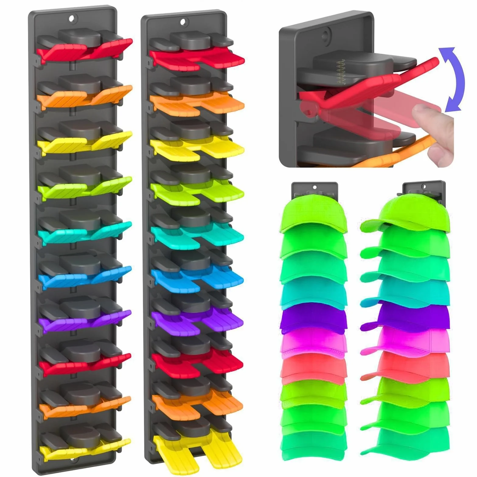 Organizzatore Cappelli Baseball 2-Pack,Portacappelli a Parete con 20 Clip a Molla Archivazione Regolabile per Armadio & Porta Adesivo Forte & Viti Incluse Multi-Colore