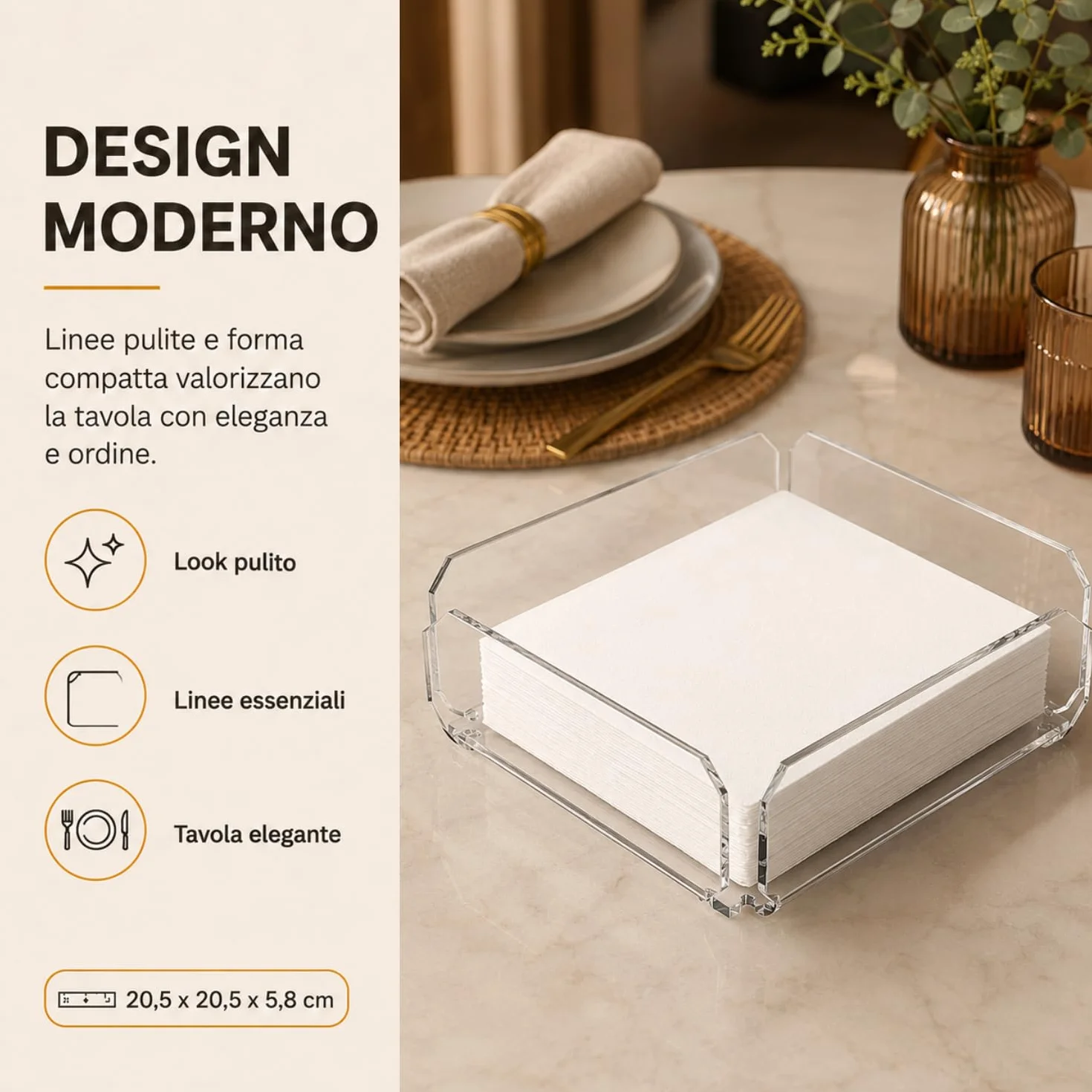 Agplex Portatovaglioli in vetro acrilico trasparente 20,5x 20,5 x5,8 cm, Porta tovaglioli da tavola design moderno - Made in Italy