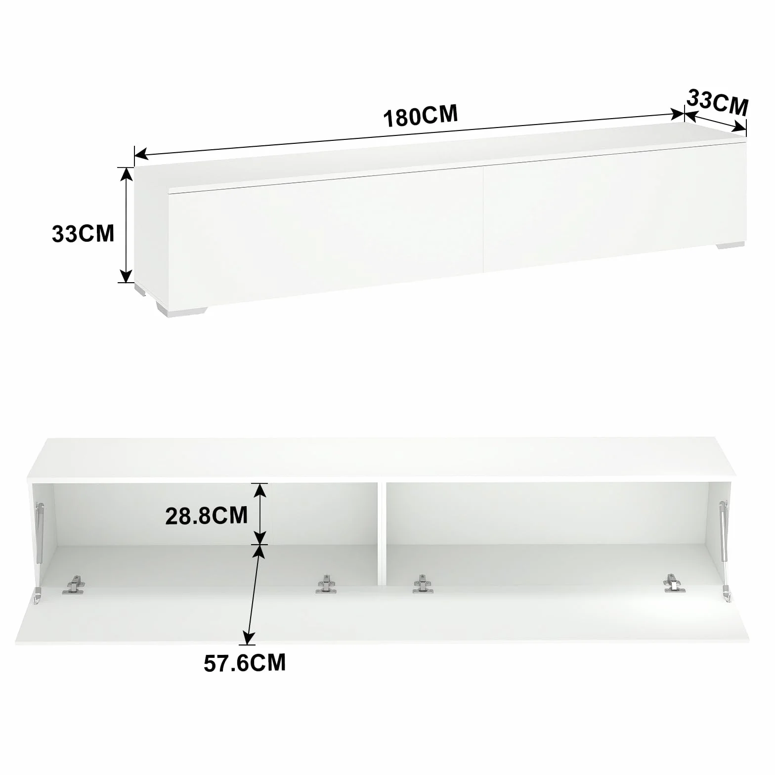 Mobile TV Bianco, 180x33x30cm, con Luce Led, con 2 Vani Portaoggetti, Mobile TV Sospeso per Soggiorno, Camera da Letto, Bianco