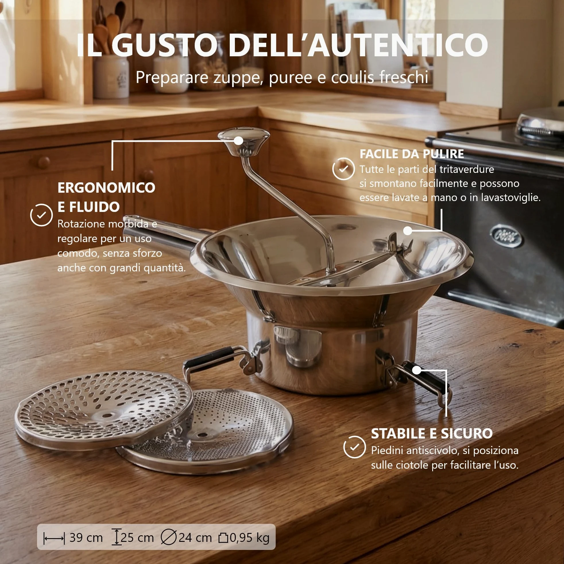 La Bonne Graine - Moulin Passa-Verdure Ø 24 cm in Acciaio Inox – 3 Griglie Intercambiabili – Passapuré, Soupe, Purè