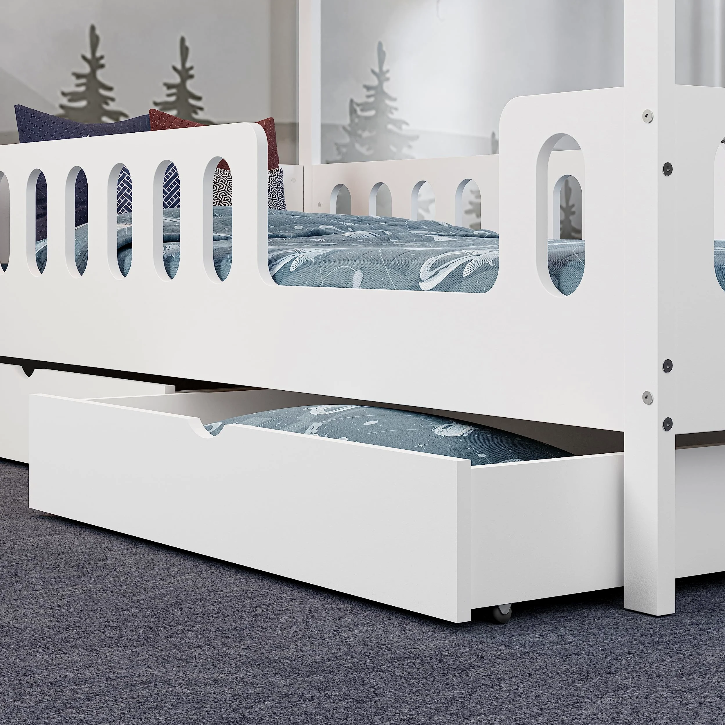 LARS 2 in 1 Letto per bambini Letto per ragazzi 200x90 cm - Bianco, 2 cassetti, Protezione antiribaltamento rimovibile, Convertibile in Letto Junior, Design Montessori, Legno massello, Include doghe