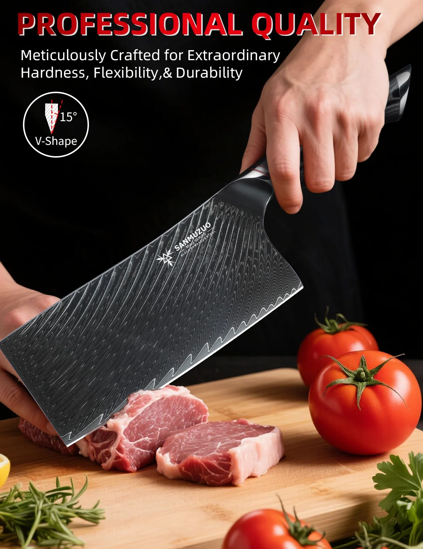 Coltello da macellaio da 18 CM - Coltello da cucina Cinese per verdure - Acciaio Damasco nero con manico ergonomico - Serie MIAO