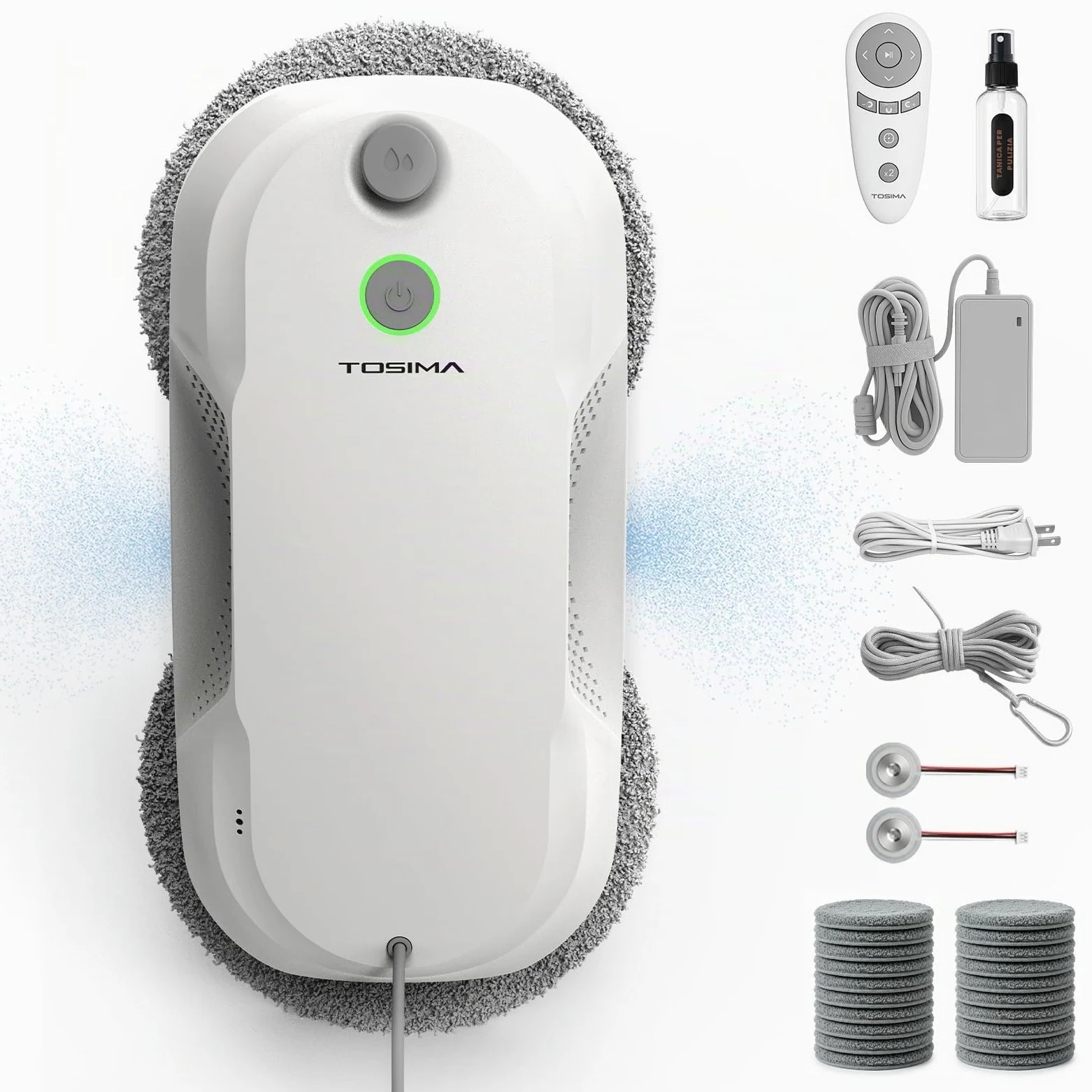 Tosima W5 Pro 6400 Pa Robot Lavavetri, Doppia Spruzzatura ad Ultrasuoni, Pulitore Automatico per Vetri, Telecomando, 20 Panni in Microfibra(Blanco)