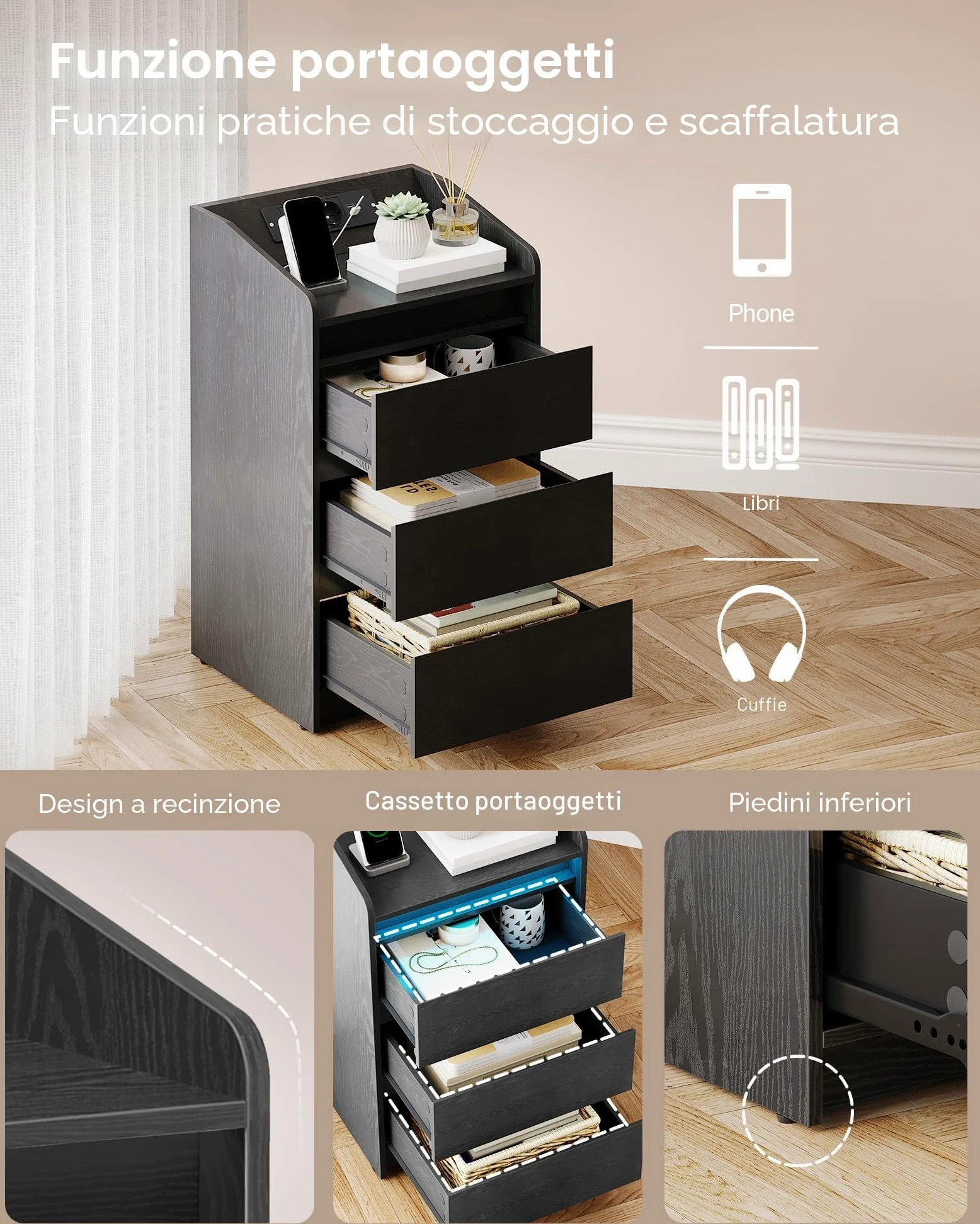 Hzuaneri Comodino Set di 2 con 3 Cassetti, Tavolino con Stazione di Ricarica LED, 2 Prese CA e 2 Porte USB per Camera da Letto, Soggiorno, Nero NS40104X