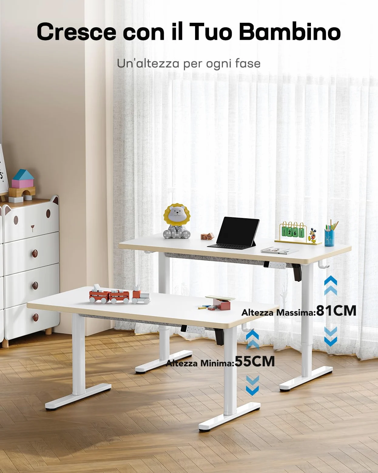 HUANUO Scrivania Elettrica in Piedi per Bambini con Superficie Opaca da 120 cm x 60 cm, Display a LED con Controller Manuale con 3 Altezze Preimpostate e Blocco per Bambini