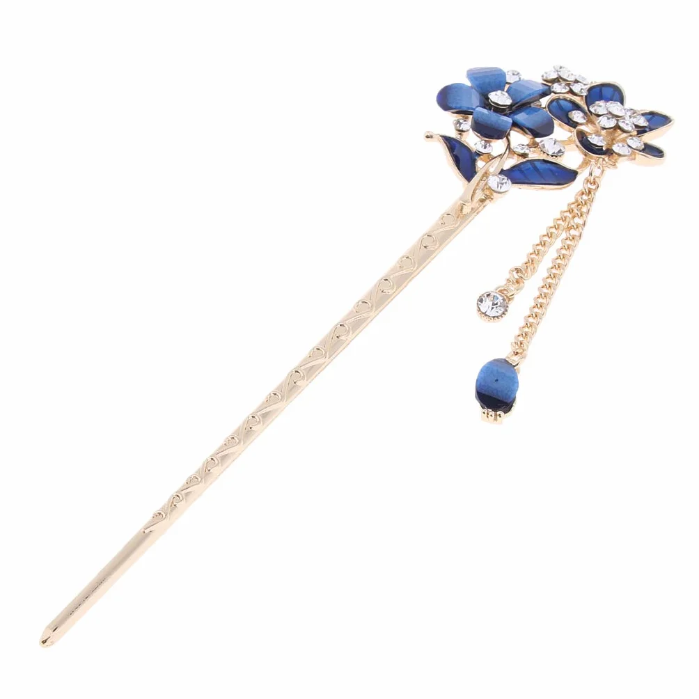 Bacchette per capelli cinesi con strass di cristallo a forma di fiore blu