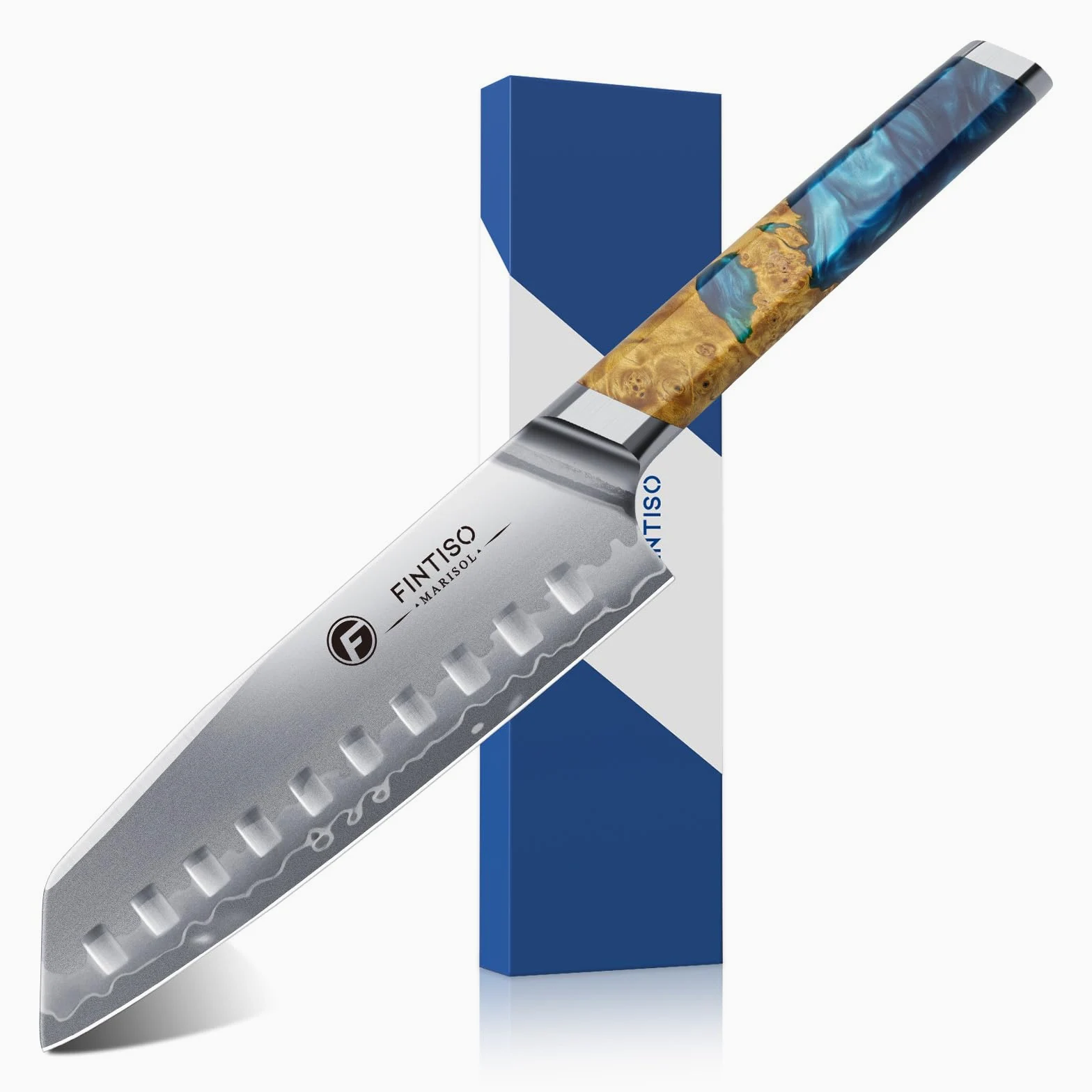 FINTISO Coltello Santoku da 18 cm, Coltello da Chef Giapponese Ultra Affilato con Nucleo in Acciaio in Polvere S35VN, 7 Strati di Acciaio Laminato, Manico in Resina Celeste e Legno Stabilizzato
