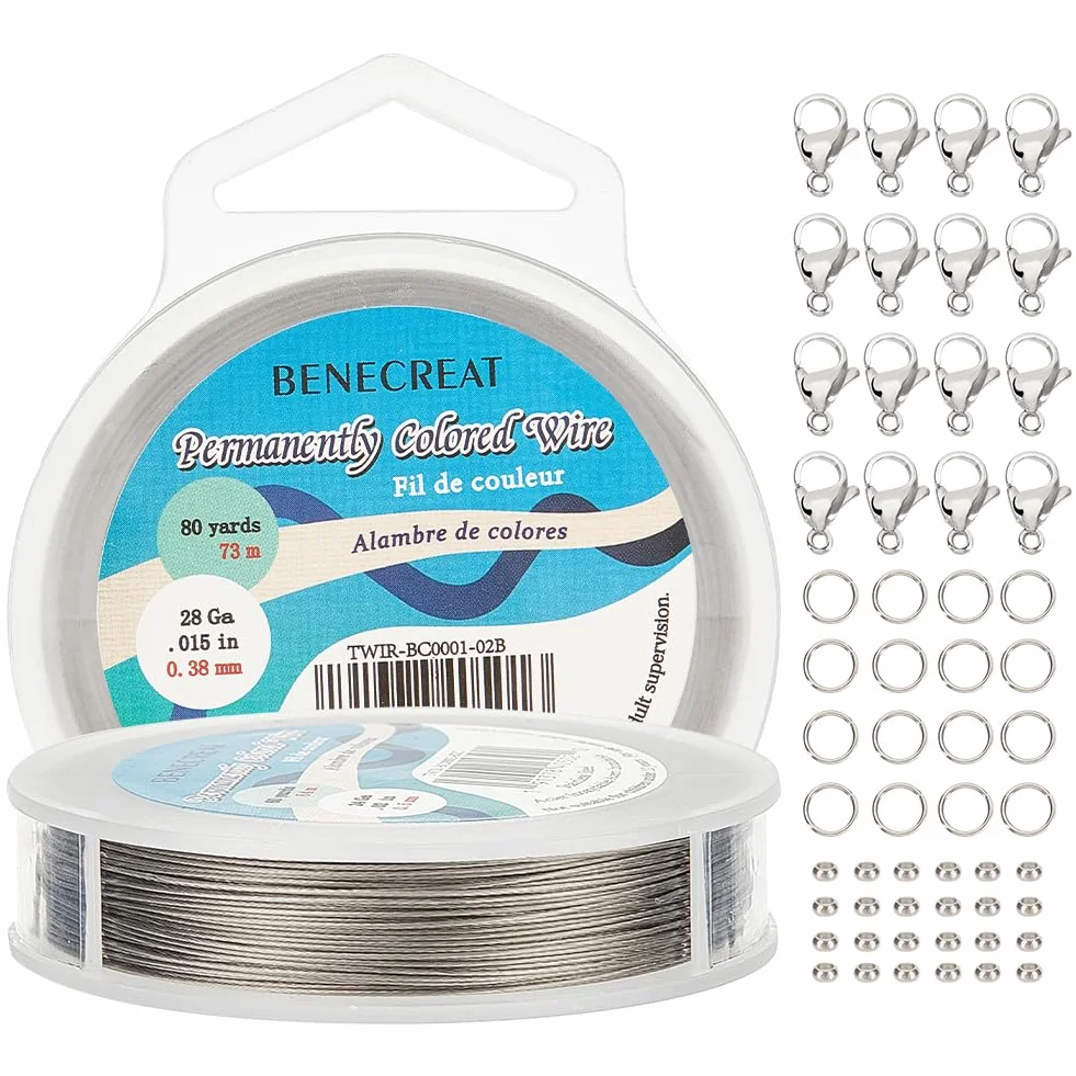 BENECREAT Filo Perline Acciaio Inossidabile 0.38mm 7 Fili 200 Anelli Congiunzione 50 Perline Cricchetto 30 Fermagli Moschettone Creazione Gioielli
