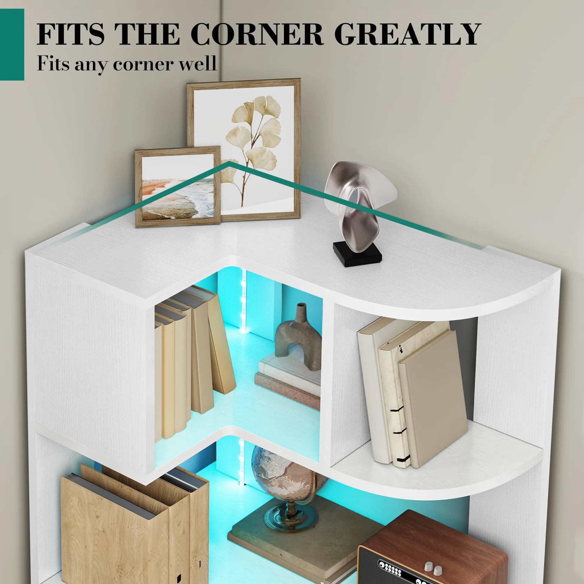 YITAHOME Libreria angolare a 6 ripiani con LED, a forma di L, scaffale angolare, scaffale da pavimento, per ufficio, studio, soggiorno, camera da letto, 64 x 41,5 x 159,5 cm, bianco