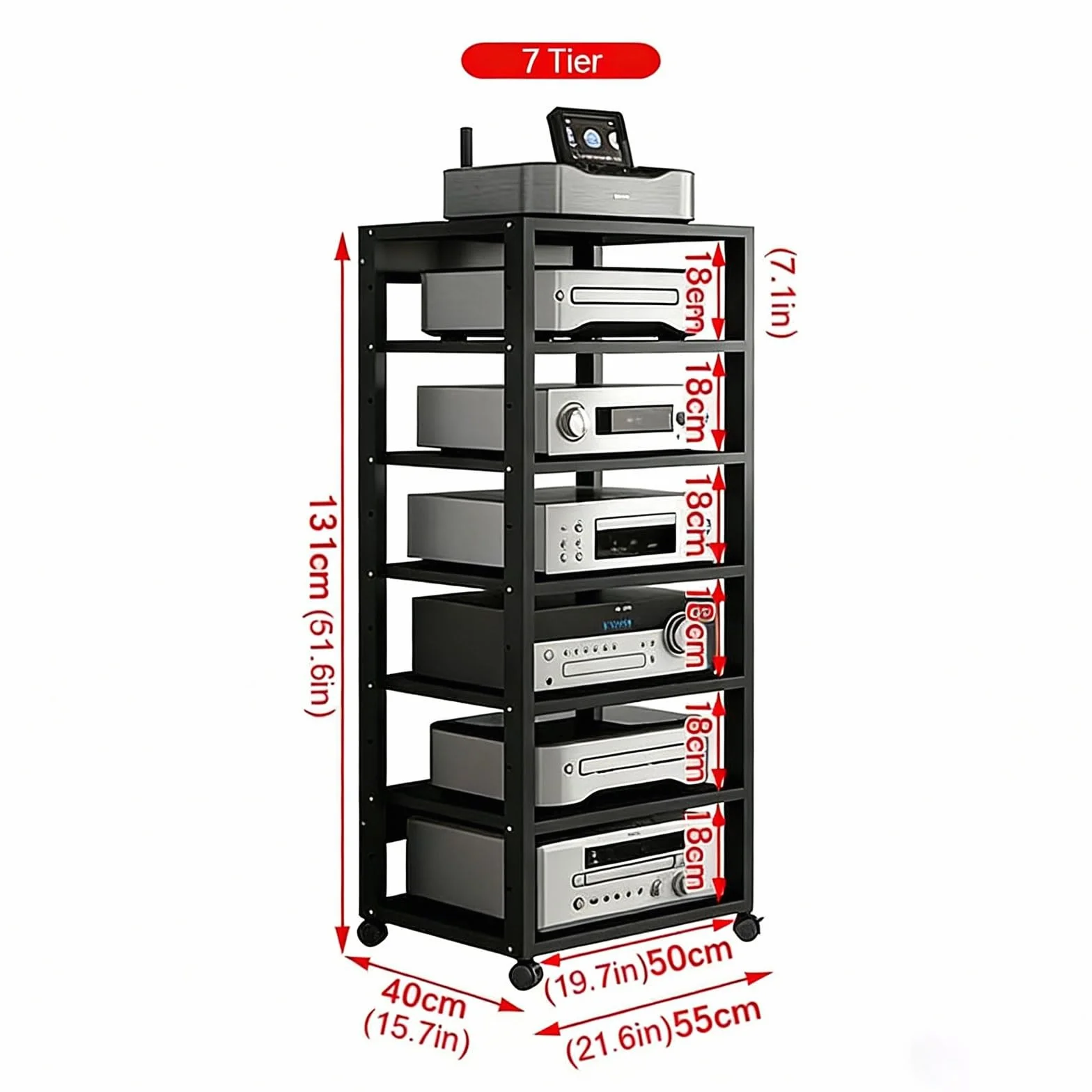 7 Ripiani Mobiletto Hi-Fi Multifunzione A, Av Tower Media Stand Supporto Con Ruote Universali Regolabile Mobiletto Portaoggetti for Casa/ufficio/teatro(Nero)