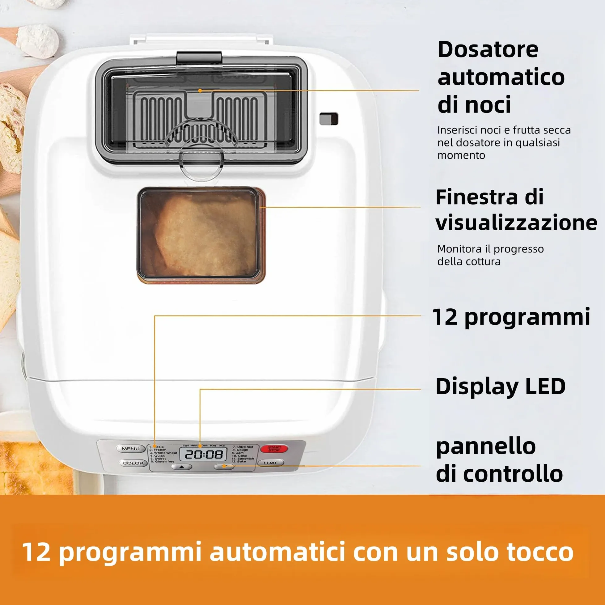 Macchina per il Pane, Kitchen in the Box Macchina del Pane con 12 Programmi, 900g, Senza Glutine, Dispenser Frutta Secca, Teglia Antiaderente, 3 Livelli di Cottura, Timer 13H e 1H Caldo (Bianco)