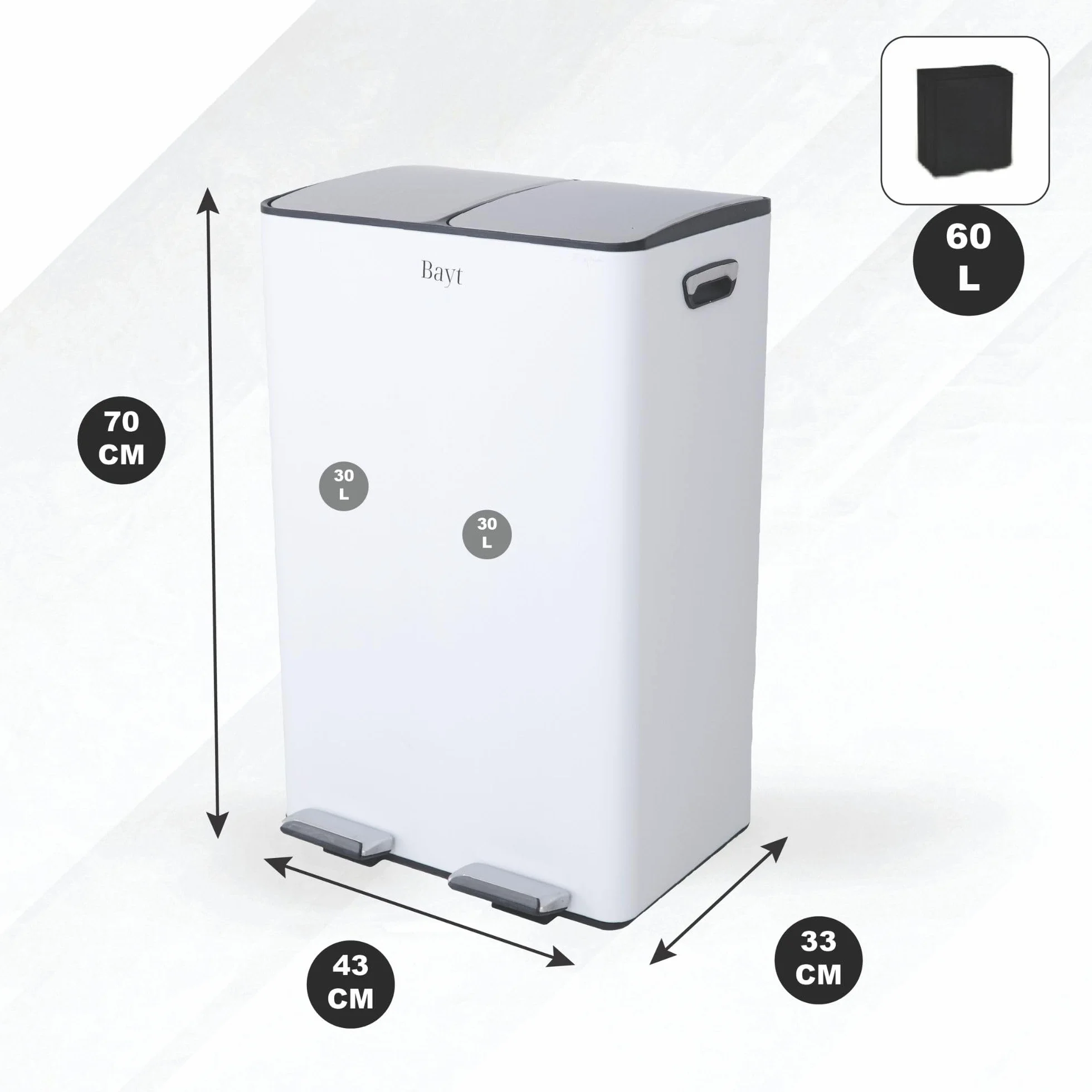Bayt Cestino Della Raccolta Differenziata 60 L Cucina Doppia Vasca Pedale 2 Secchi 30 L Acciaio Inossidabile