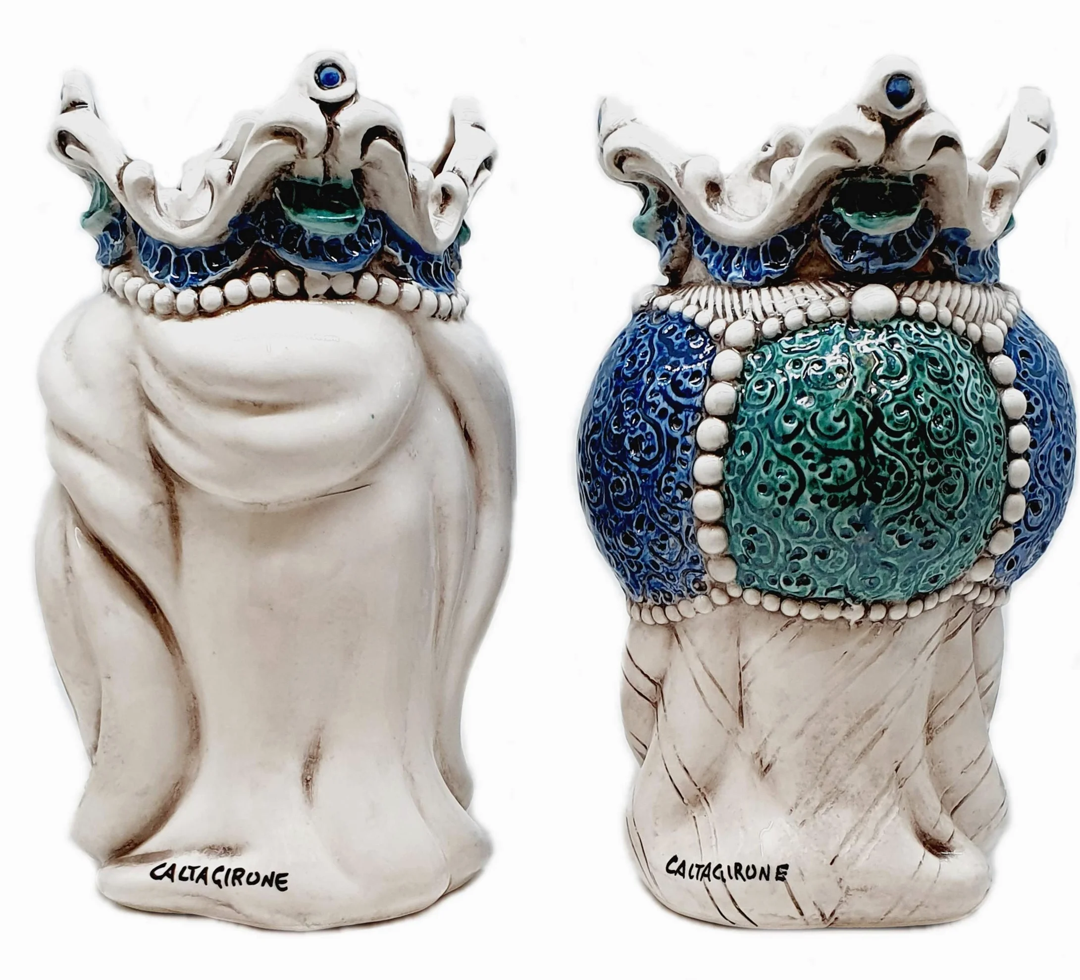 sicilia bedda - Teste di Moro Siciliane in Ceramica di Caltagirone - Realizzato Interamente a Mano - Altezza 18 Centimetri (Coppia Teste di Moro Saraceno Blu)