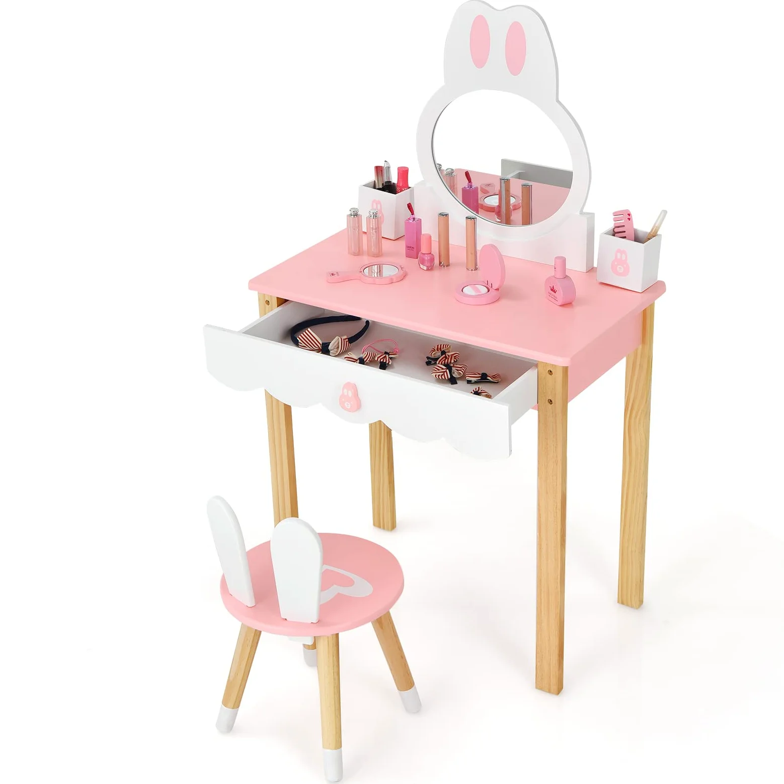 RELAX4LIFE 2 in 1 Toeletta Trucco Bambina con Sgabello, Scrivania con Specchio Rotondo Rimovibile, Cassetto con Manopola e 2 Organizer Porta Trucchi/Penne (Rosa)