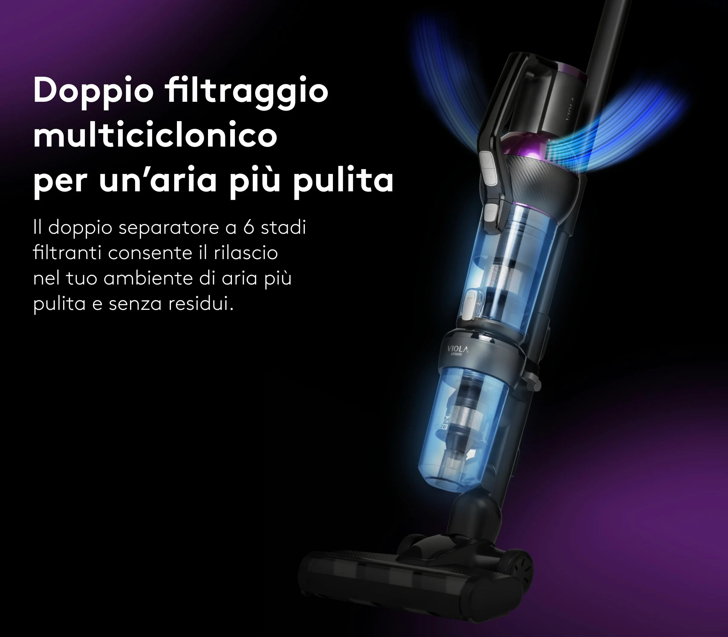 VIOLA Aspirapolvere Senza Fili, 80Min/28,8V/600W Scopa Elettrica Senza Fili, Aspirapolvere Potente, Aspirapolvere Verticale con Batteria Rimovibile per Tappeti/Peli Animali, Divani, Nero