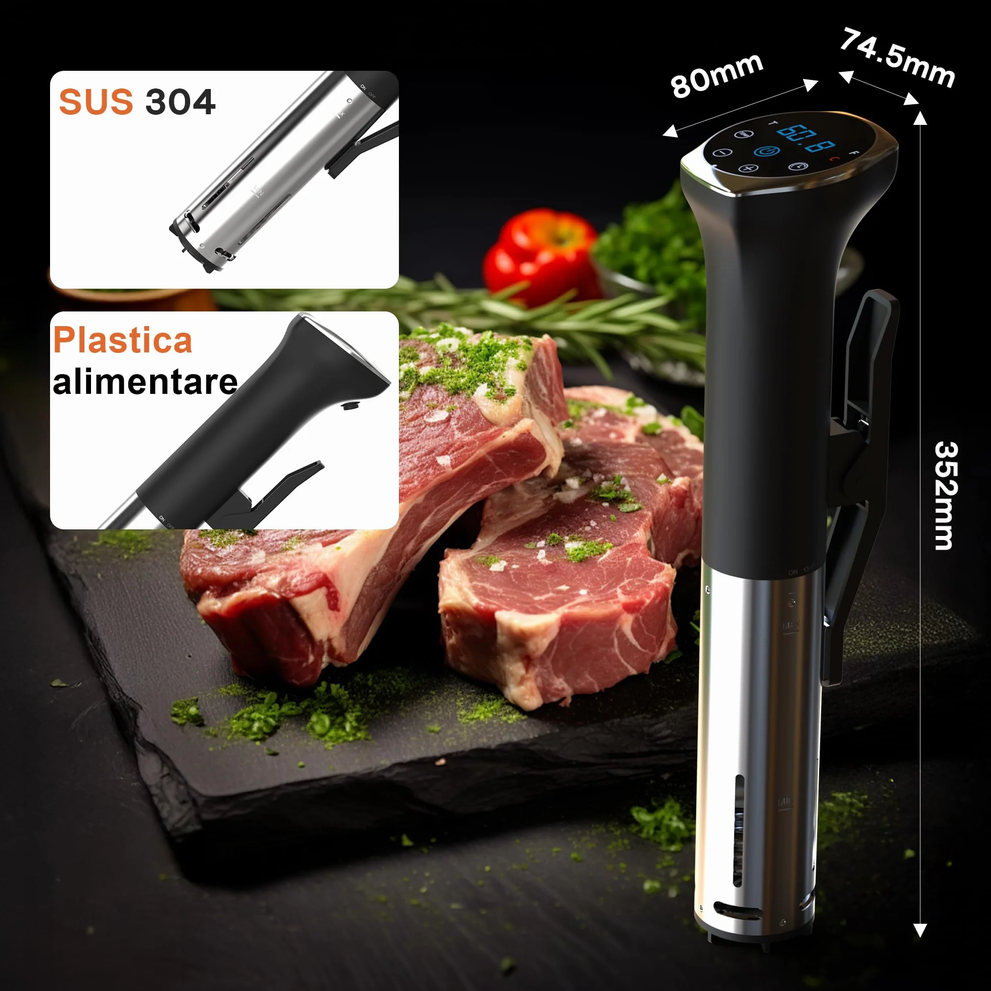 Sous Vide Roner Cucina a Bassa Temperatura Slow Cooker Circolatore IPX7, Touch Screen, Acciaio Inox, 10°C-90°C, 16A