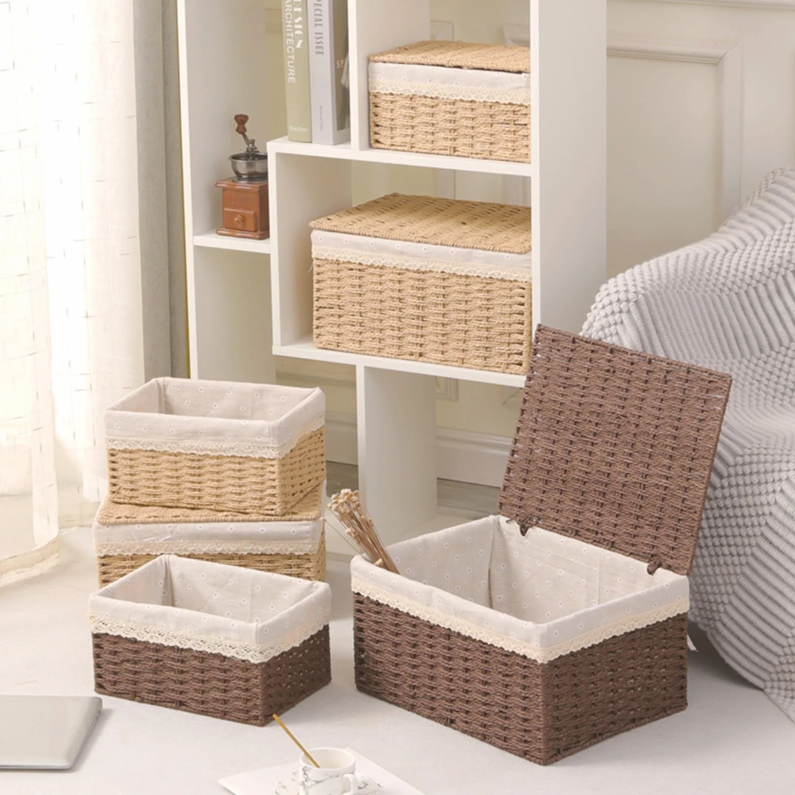 Cestini Portaoggetti Intrecciati a Mano con Coperchio - Corde di Carta Riciclata, Fodera Lavabile - Organizer Multifunzione per Bambini, Bagno, Cucina - Stile Boho Decor (Beige)