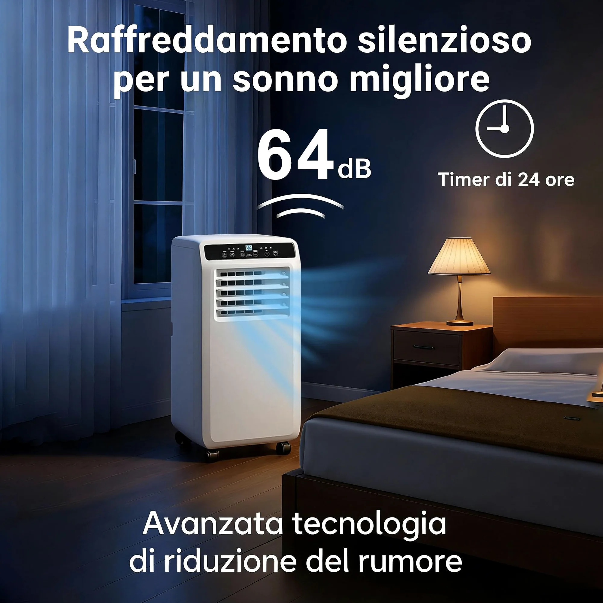 Climatizzatore portatile 9000 BTU 3-in-1 fino a 35 m²: raffreddamento, ventilazione e deumidificazione. Con telecomando, kit installazione, timer 24h e funzionamento silenzioso