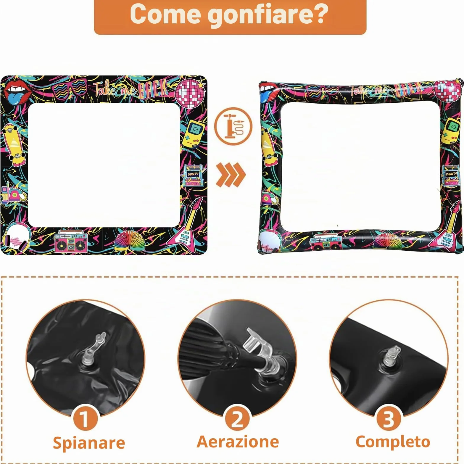 Cabina Fotografica Gonfiabile per Festa Anni '80 con 40 Cornici per Selfie, Accessori per Giochi e Oggetti di Scena Giganti per Discoteca