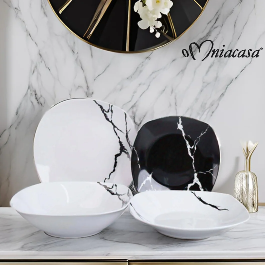 Servizio Piatti 38 Pezzi Per 12 Persone | Resistente Porcellana Bianca e Nera Design Moderno Marmorizzato Elegante Raffinato | Uso Quotidiano, Occasioni Speciali, Lavabile in Lavastoviglie