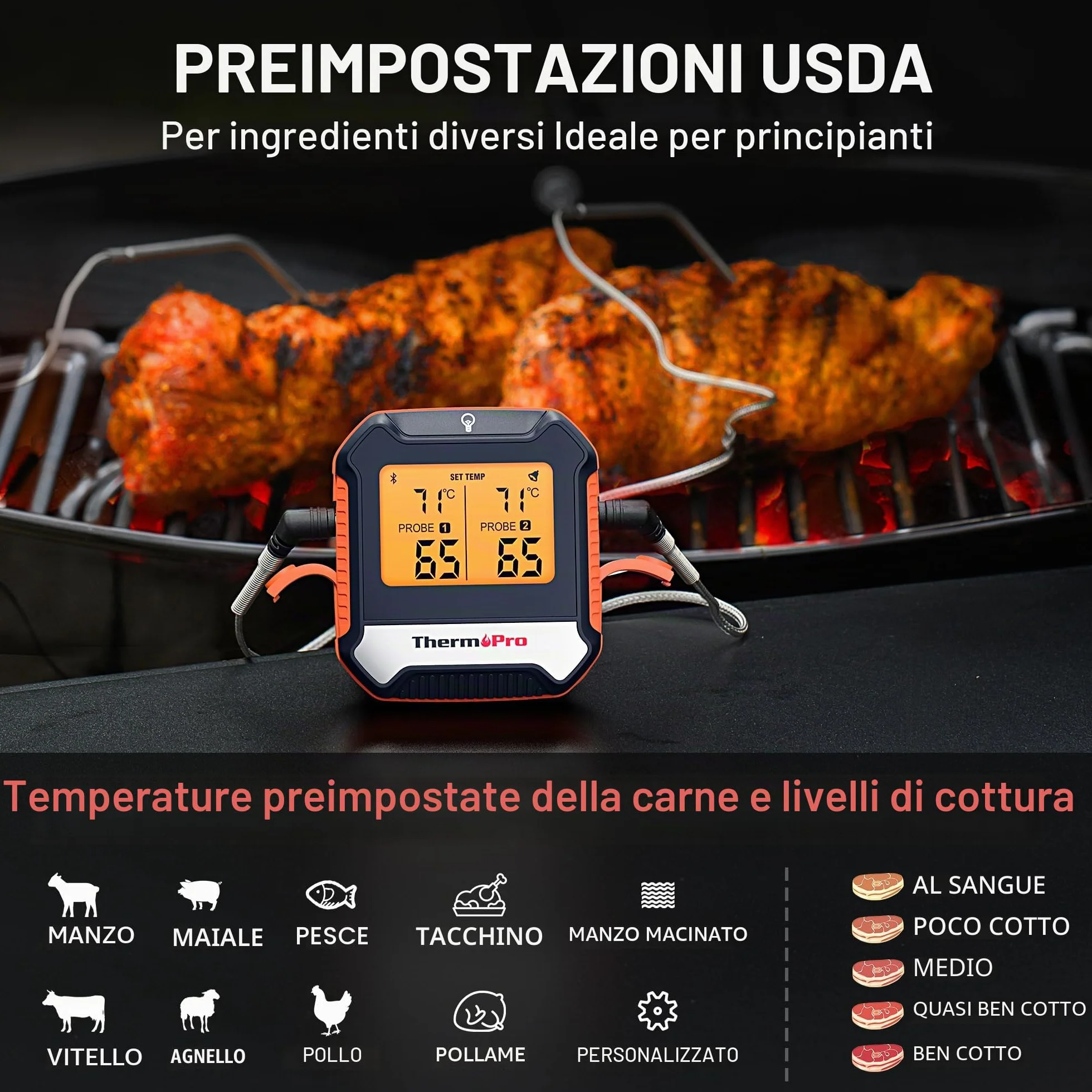 ThermoPro TempPro TP904 Termometro cucina Termometro Bluetooth per carne con 2 sonde di temperatura Termometro alimentare intelligente digitale per la cucina barbecue griglia forno affumicatore