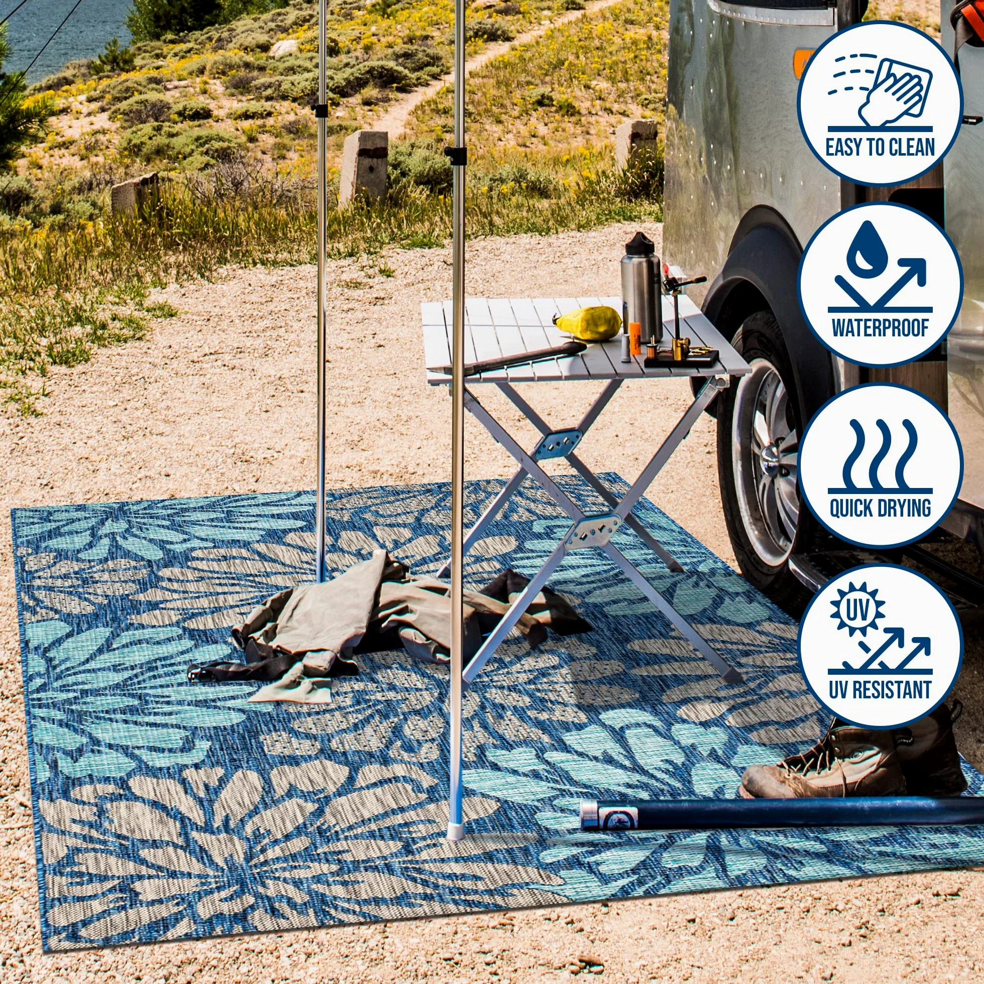JONATHAN Y SMB110C-8 Zinnia moderno moderno tessitura floreale tessitura di area esterna interna, bohémien, costiero, mediterraneo, cortile, patio, non spargimento, blu navy/aqua, 240 cm X 300 cm