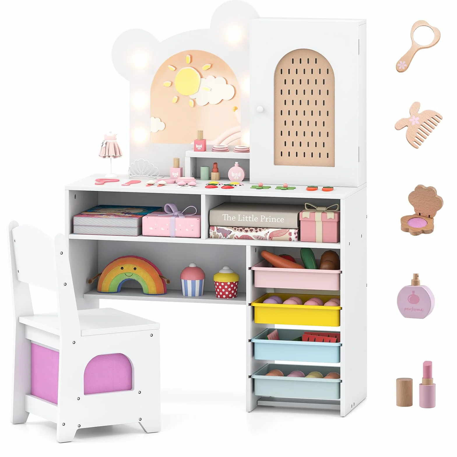LIFEZEAL Specchiera Trucco per Bambina 3+Anni, con Luci, Sgabello, Sedia, Forma di Orsetto, Toeletta Tavolo, Postazione Makeup, con Armadio, Scomparti, Scatole, Cassetto, Accessori, Cameretta, Bianco