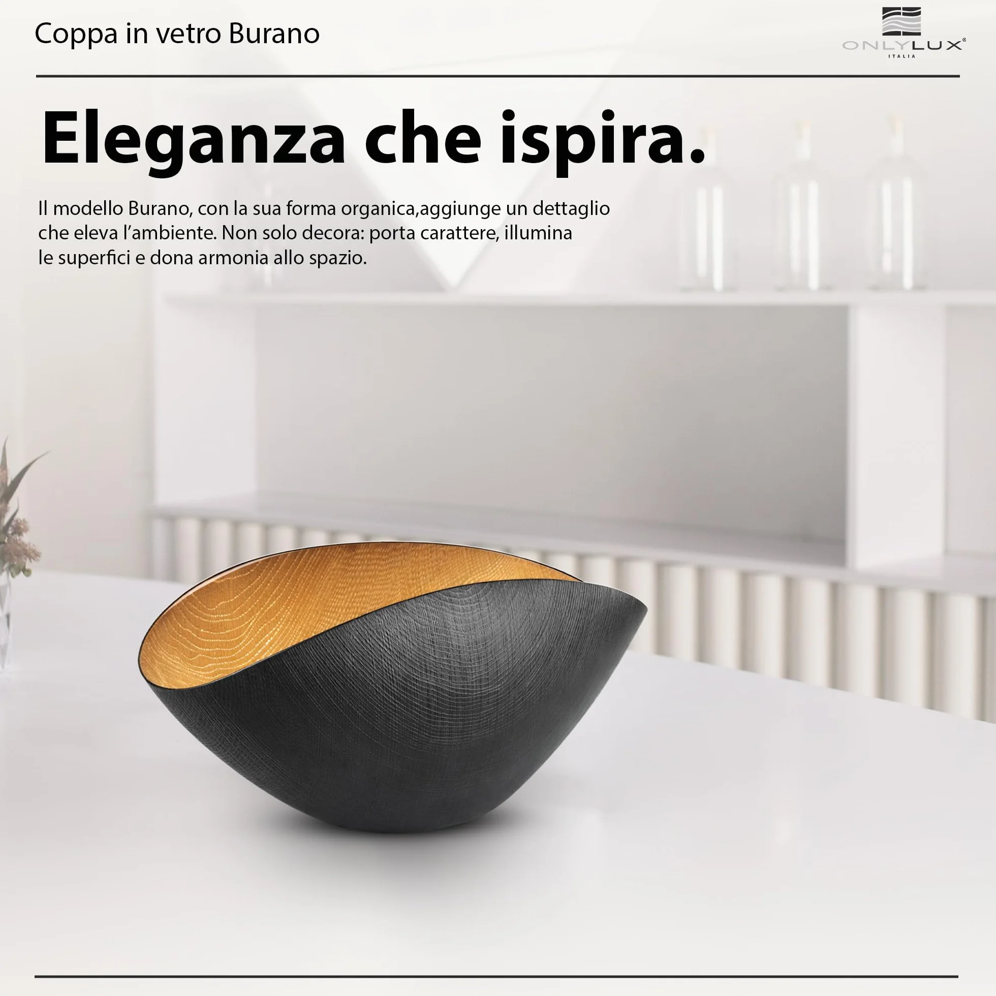 Onlylux Coppa Burano in Vetro Centrifugato Decorato a Mano - Centrotavola Decorativo 28 x 9,5 cm - Coppa in Vetro Artigianale per Arredo Casa - Nero Mat Oro