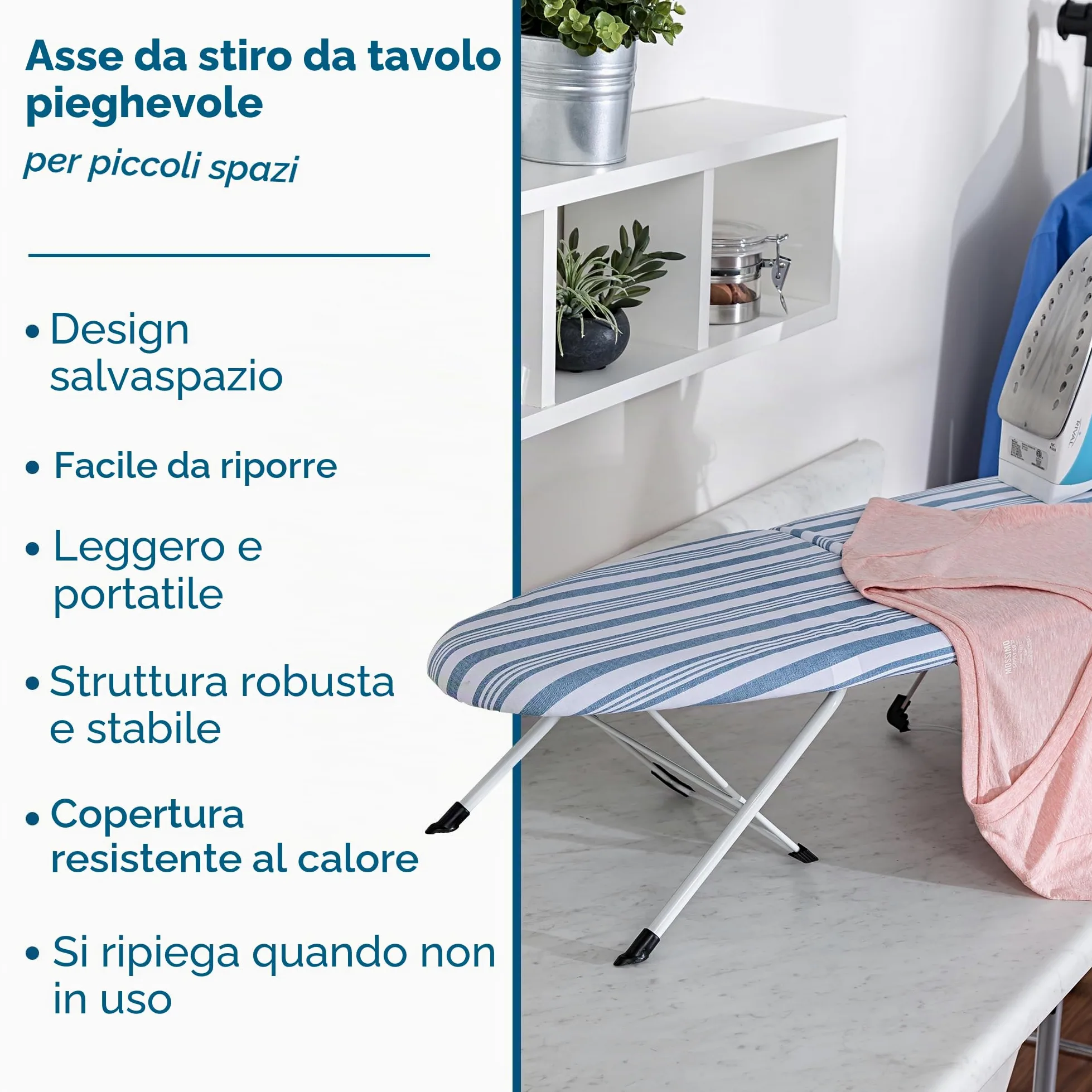 Honey Can Do BRD-01292 ASSE da Stiro Pieghevole da Tavolo, Telaio Bianco/Fodera A Strisce Blu, 31.5x8.13x42.01 cm