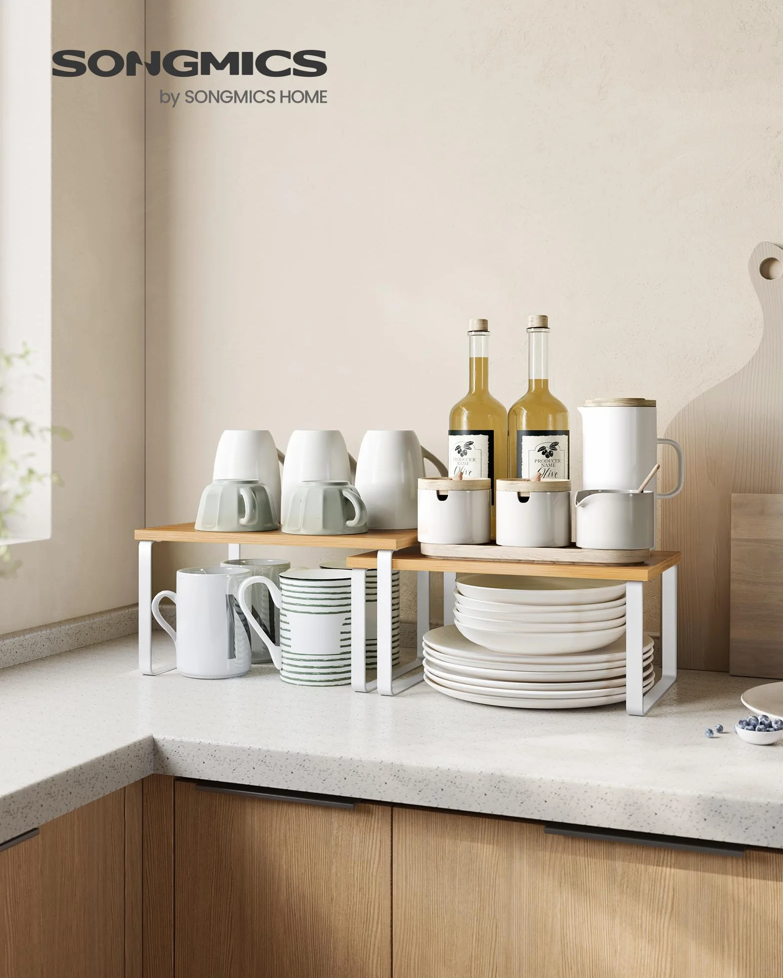SONGMICS Scaffale Portaspezie, Set di 2 Organizzatori da Cucina Espandibili, Impilabile, Metallo e Legno, Bianco e Beige KCS02NW