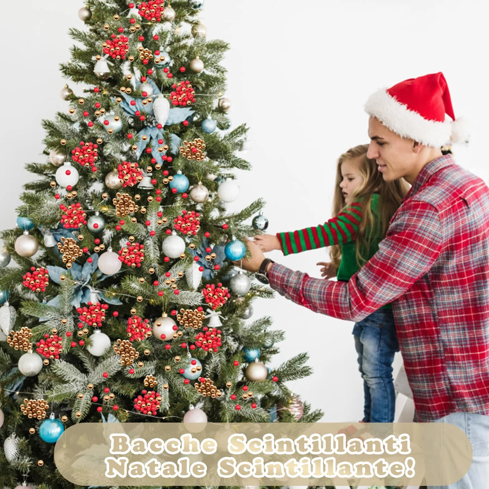 Bacche di Natale Artificiali VEGCOO 210 Pezzi 10 mm Agrifoglio Rosso e Oro per Decorazioni Natalizie