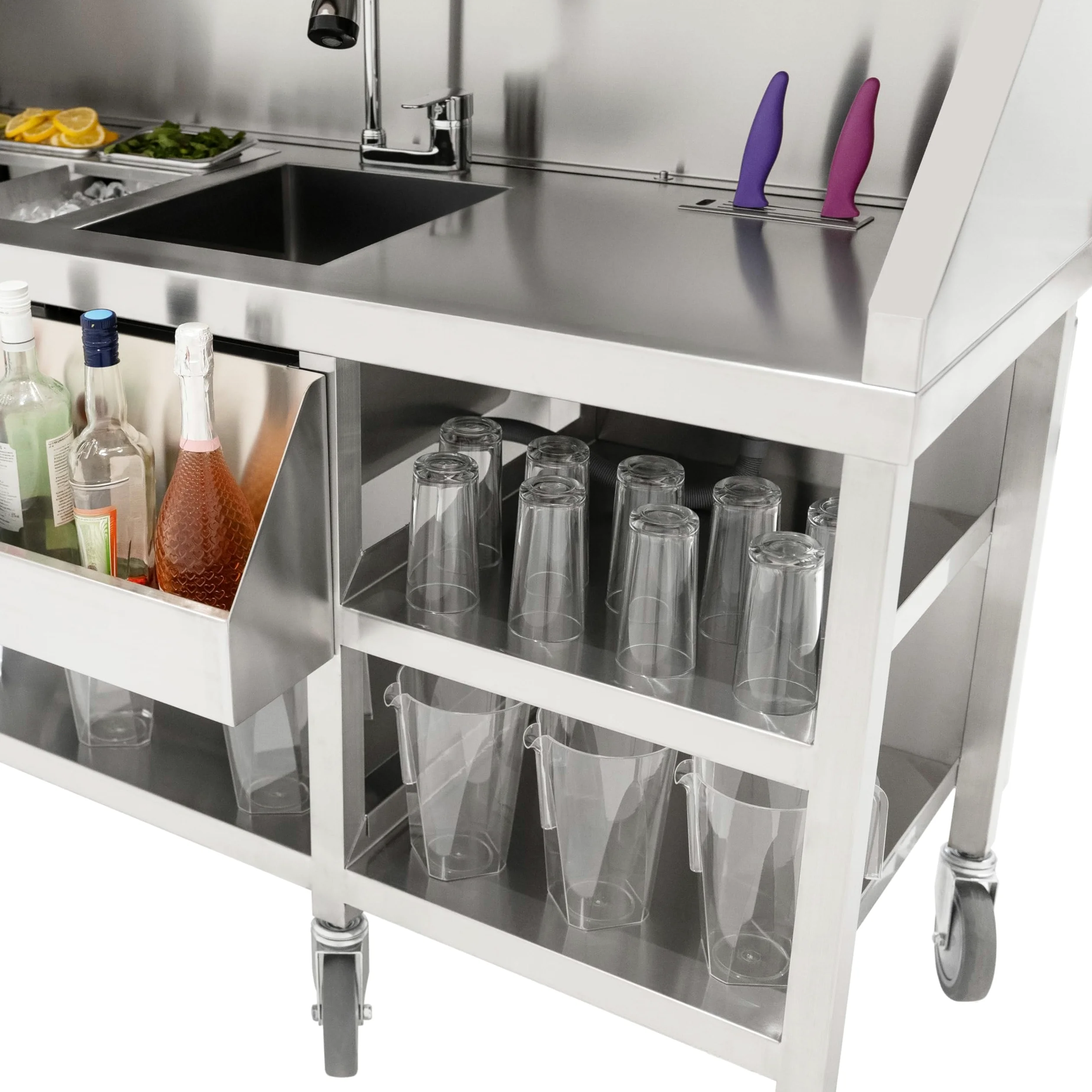 Postazione Mobile Cocktail Acciaio Inox Bancone Effetto Legno Ghiaccio Isolato 62L Lavello Integrato Mensole Doppio Livello Speed Rail Contenitori Gastro Portacoltelli Lavagna Magnetica e Shaker