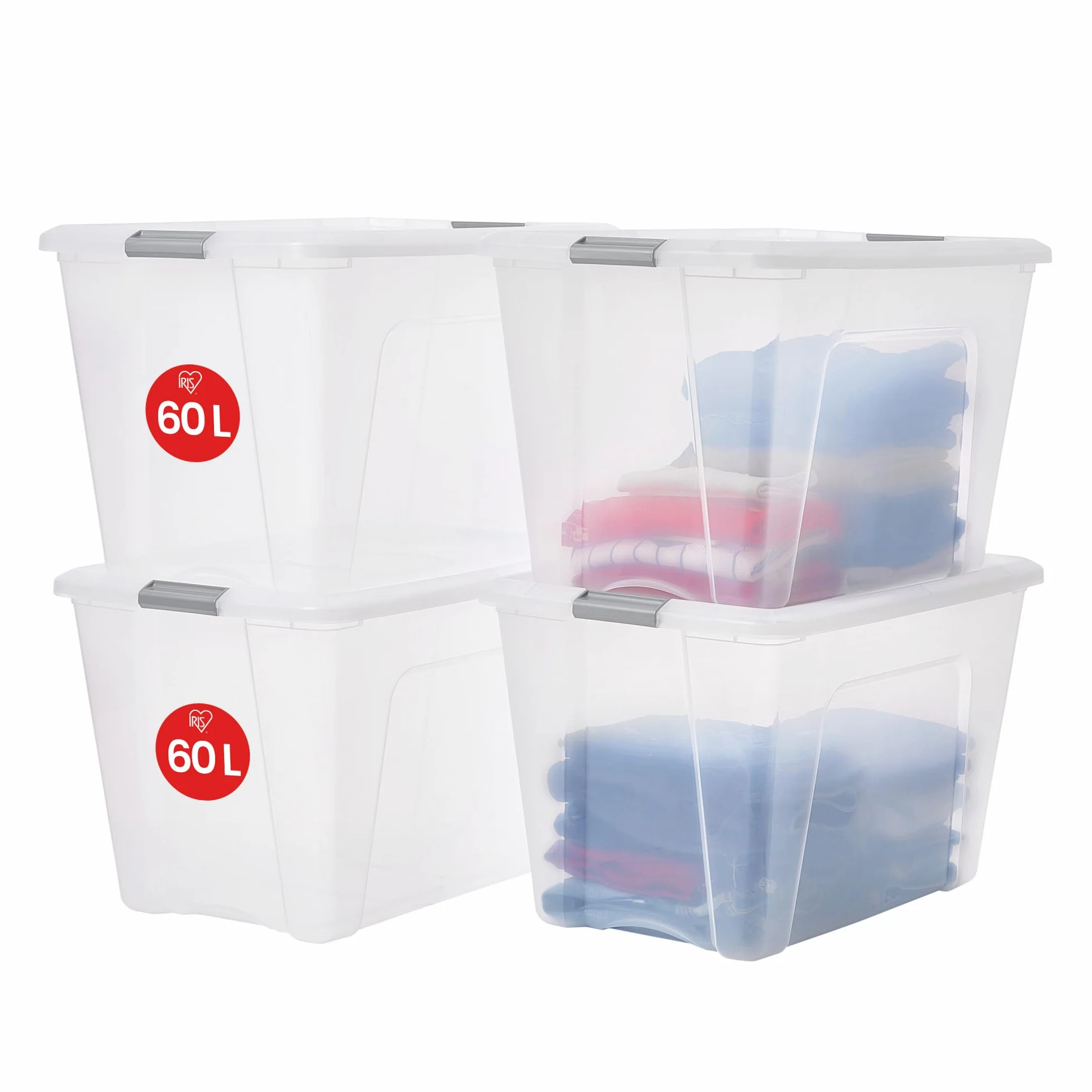 Iris Ohyama 4 scatole portaoggetti in plastica 60 L impilabili con coperchio trasparente