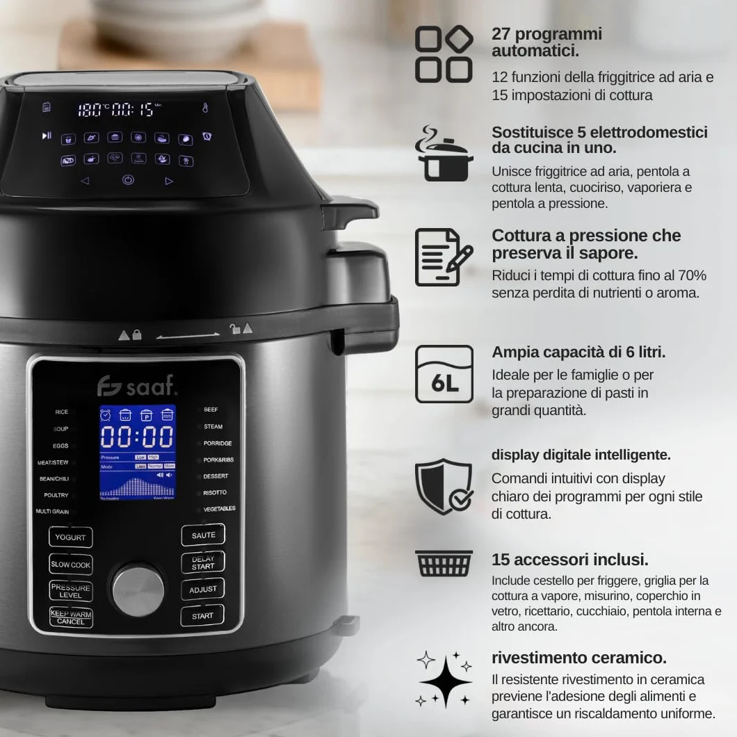 Saaf Multicooker con Airfryer 6L Set 15 Pezzi 24 Programmi Slowcooker Digitale