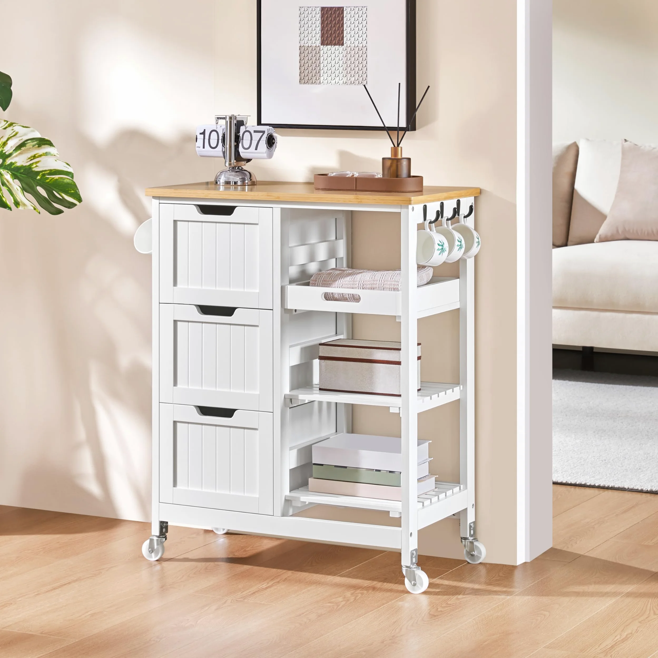 Yaheetech Carrello Cucina con Ruote 3 Cassetti 3 Ripiani in Legno Salvaspazio Bianco Porta Microonde Spezie 67cm x 37cm x 84,5 cm