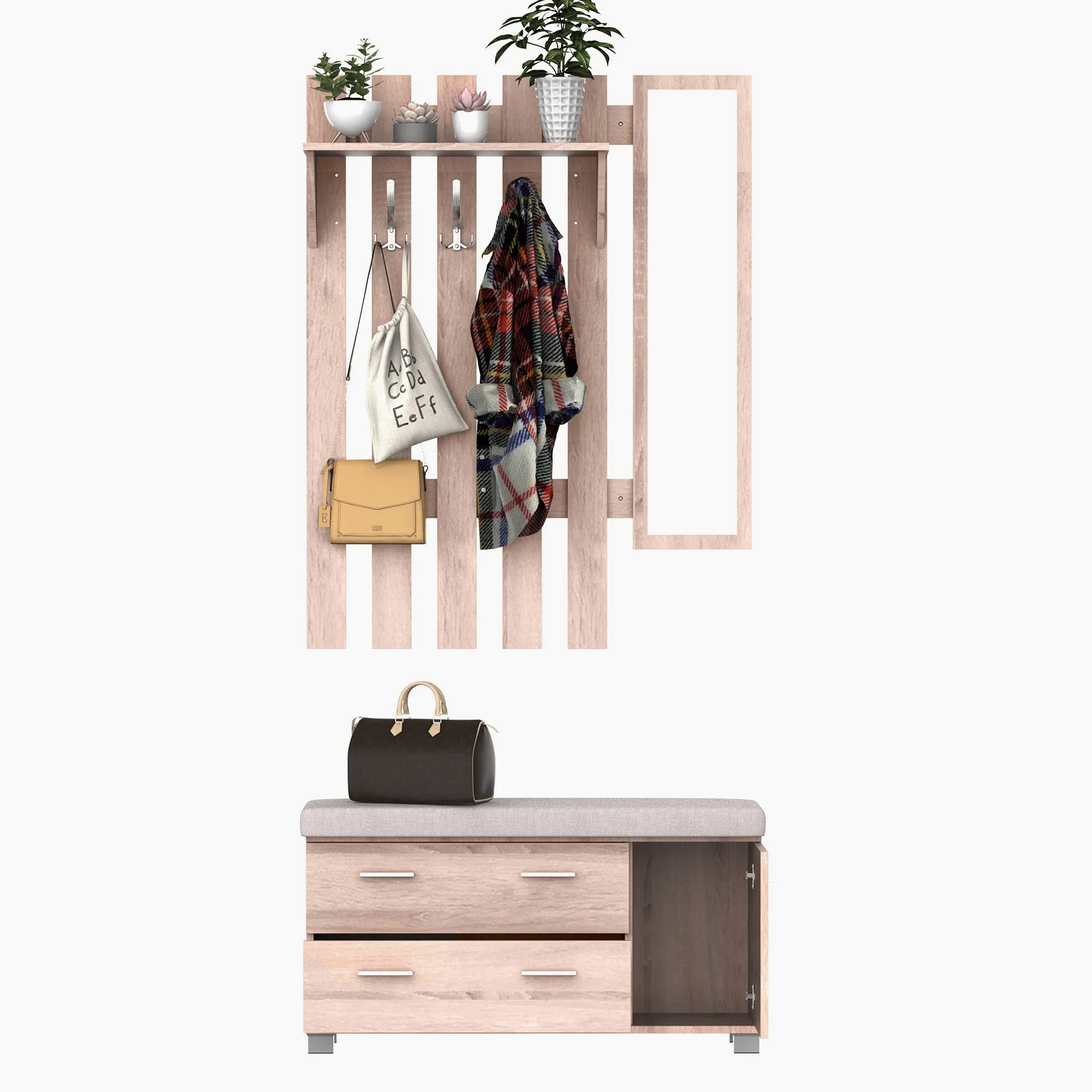 HOMCOM Set Arredo Guardaroba 3 in 1 con Specchio e Scarpiera da Ingresso Pannello Truciolare 90 x 21.5 x 116cm Quercia