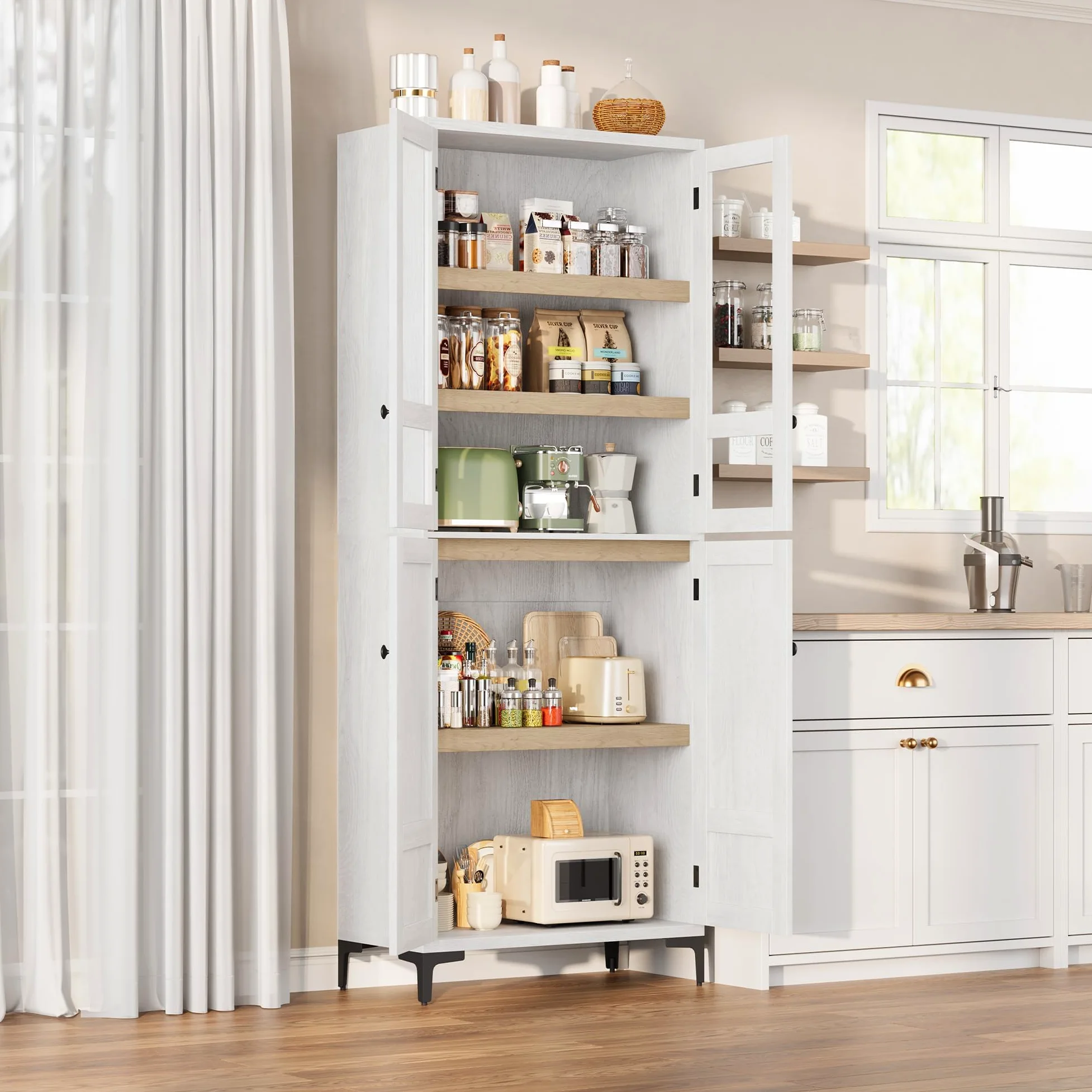 Mobile credenza ingresso alto 180 cm - 5 ripiani regolabili, ante in vetro - Armadio dispensa multiuso per cucina e bagno - Finitura bianco antico con interno legno naturale - Ante in vetro,