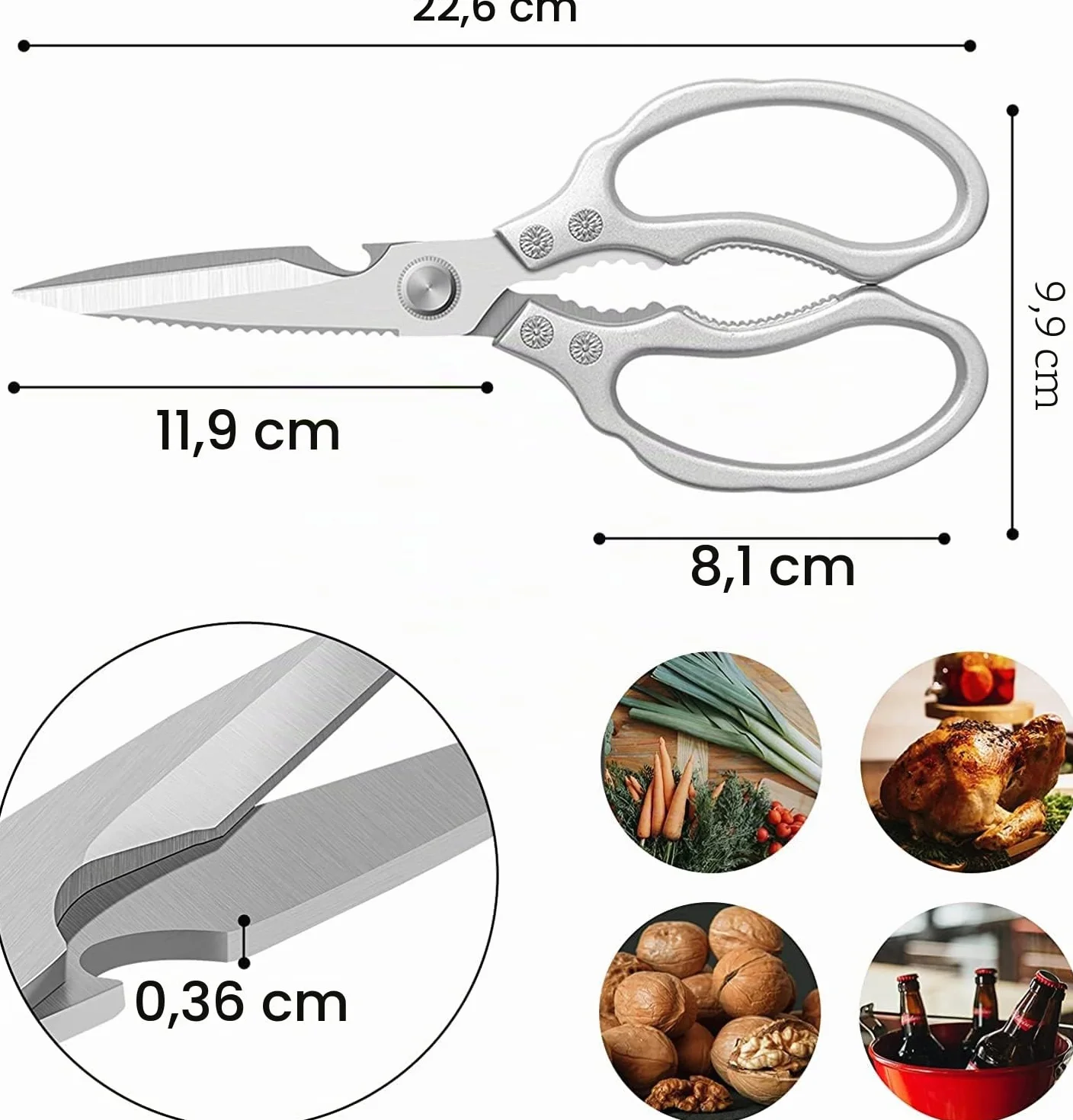 CGBE Forbici da Cucina, Forbice Cucina Resistenti Affilate in Acciaio Inossidabile, Forbici Trinciapollo Professionale Multiuso per Pollame, Pollo, Pesce, Carne, Verdure, Erbe, Argento