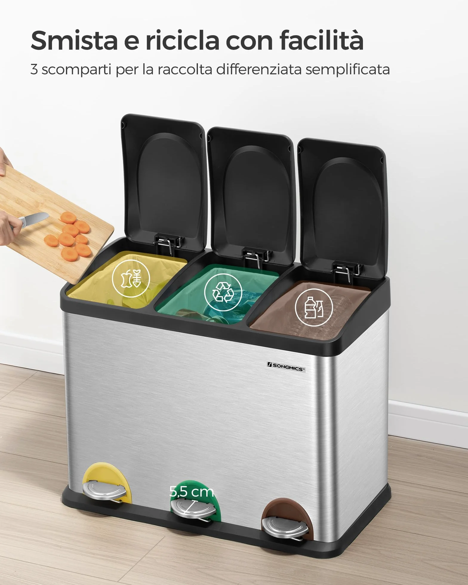 SONGMICS Cestino da Cucina, Pattumiera Tripla per Riciclaggio a Pedale, Metallico da 45 Litri, Raccolta Differenziata, 3 x 15L, con Coperchio, Acciaio, Argento Metallico e Nero Inchiostro LTB45L