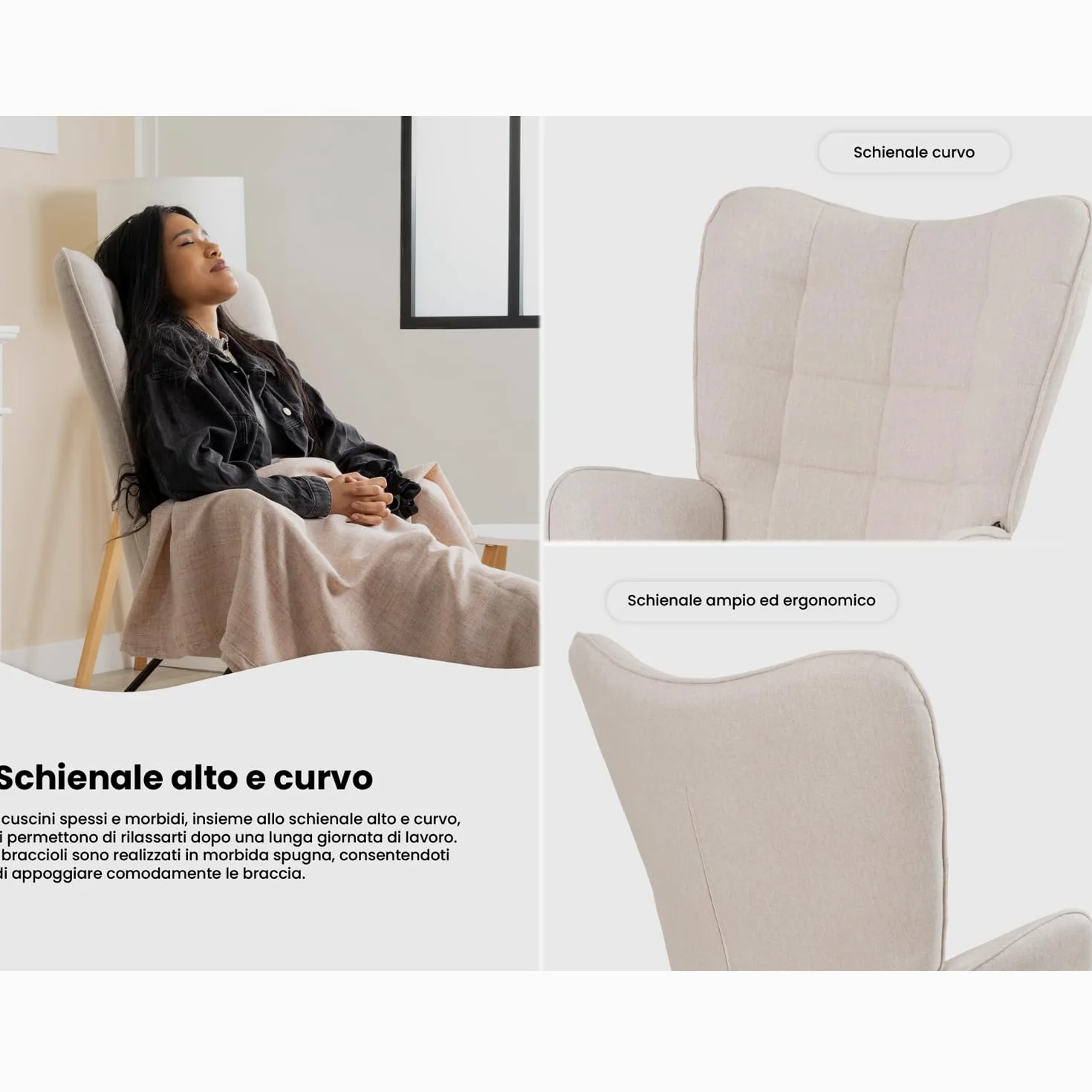 MEUBLE COSY Sedia a Dondolo Poltrona Imbottita Relax con Braccioli Schienale Alto per Soggiorno Cameretta in Tessuto con Gambe in Legno