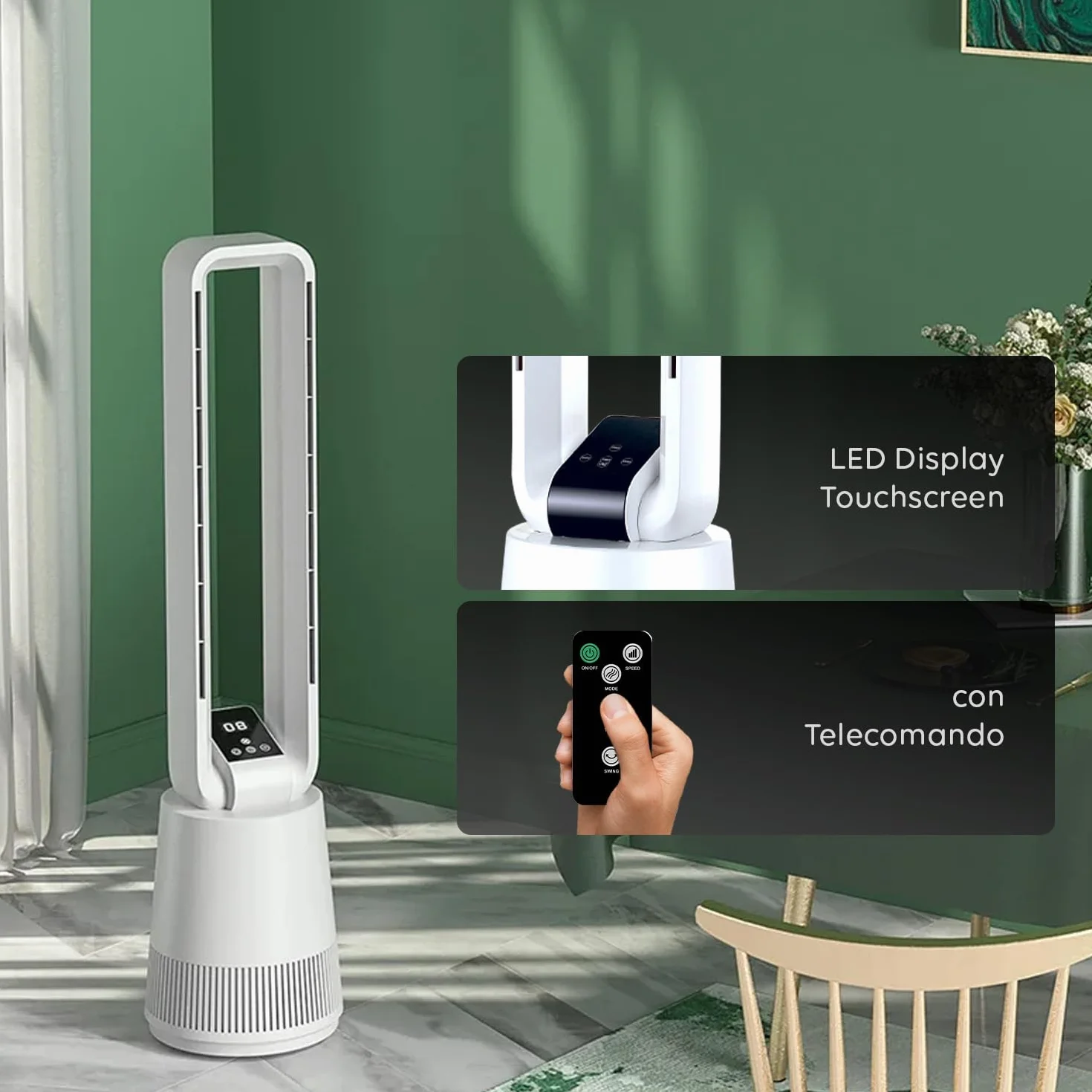 Avilia - Ventilatore a Torre Silenzioso con Telecomando e Display LED, 3 Velocità, Timer e Oscillazione, Ventilatore Senza Pale da Terra per Aria Fresca Uniforme e Design Moderno Elegante