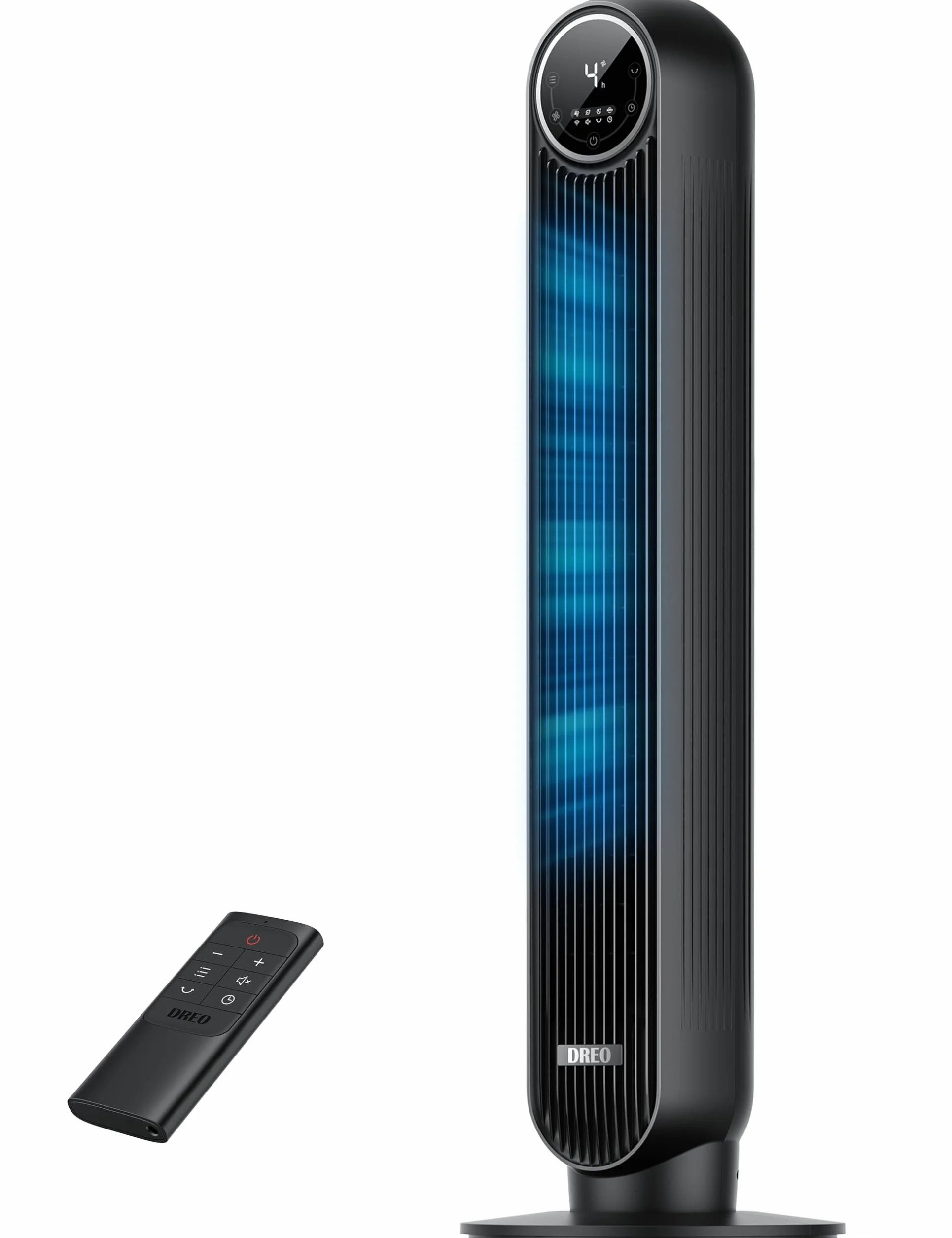 DREO 20dB Ventilatore a Torre Silenzioso, Potente 7.6 m/s, Ventilatori a Colonna con Telecomando, 4 Modalità, 4 Velocità, Oscillazione a 90°, Timer da 1 a 8 ore, Schermo LED, per la Camera da Letto
