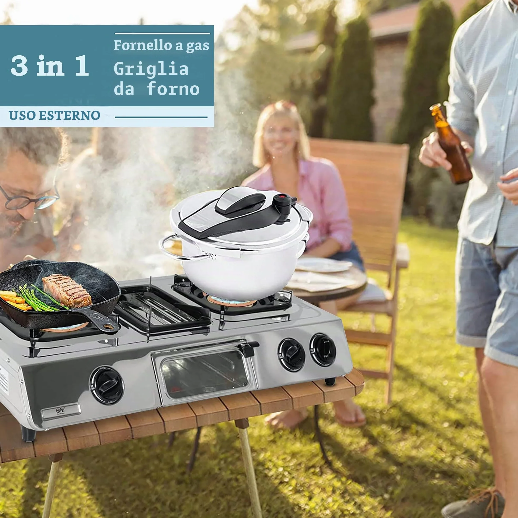 NJ G-87 Fornello a Gas da Campeggio - 3 Fuochi Mini forno Grill Piano Cottura Portatile