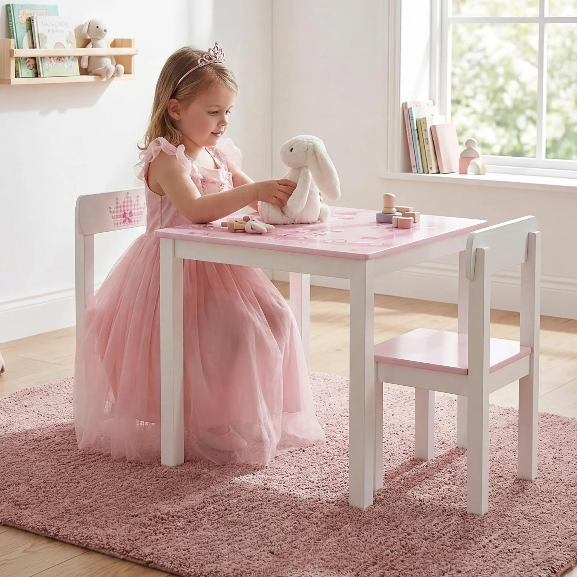 Krone roba Set Tavolo + 2 Sedie per Bambini Legno Bianco e Rosa dai 18 Mesi ai 10 Anni