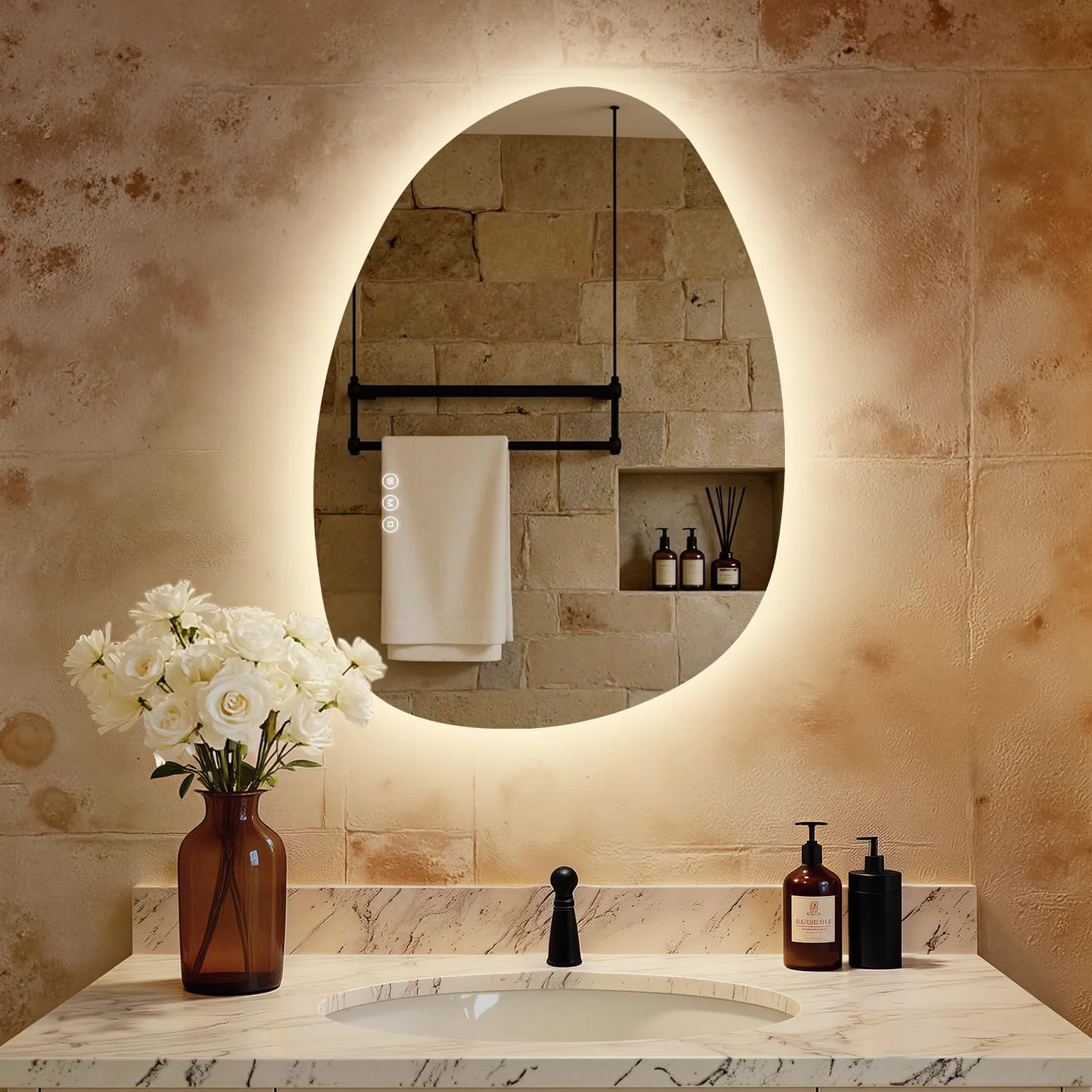 S'AFIELINA Specchio da bagno con luci a LED,75 x 55 cm,con interruttore Smart Touch,luce dimmerabile in 3 colori,anti-appannamento,funzione memoria,retroilluminato,specchio bagno asimmetrico