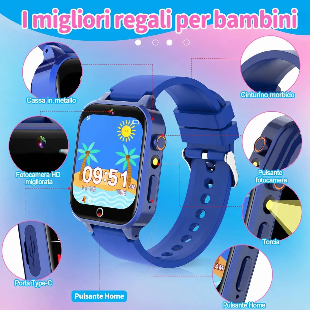 Smartwatch Bambini 39 Giochi Contapassi Fotocamera Torcia Sveglia Educativo Regalo Scheda SD Integrata